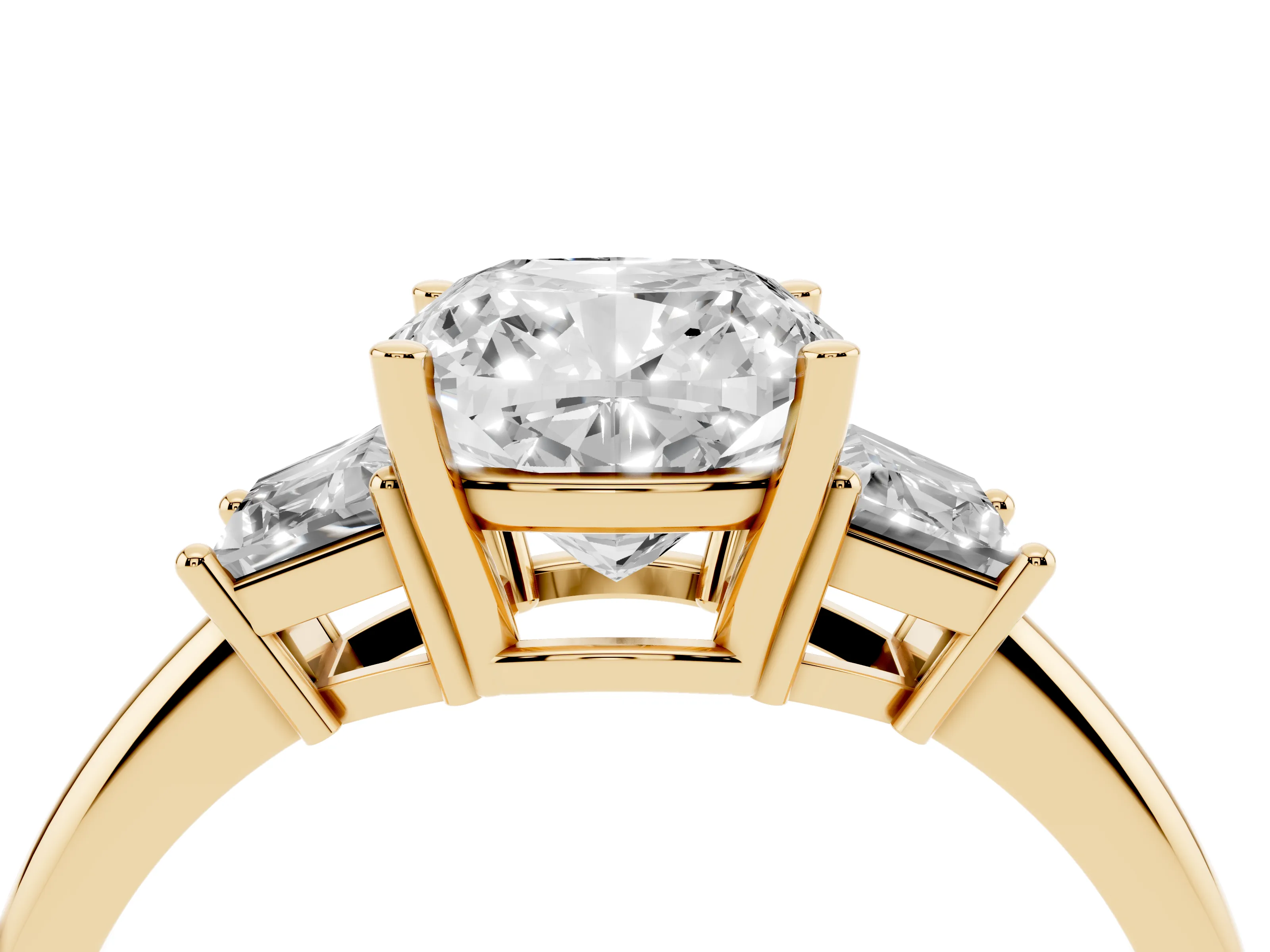 Cushion Cut Diamond Three-Stone Ring Set in Yellow gold with Trapezoid Side Stones and Prong Setting