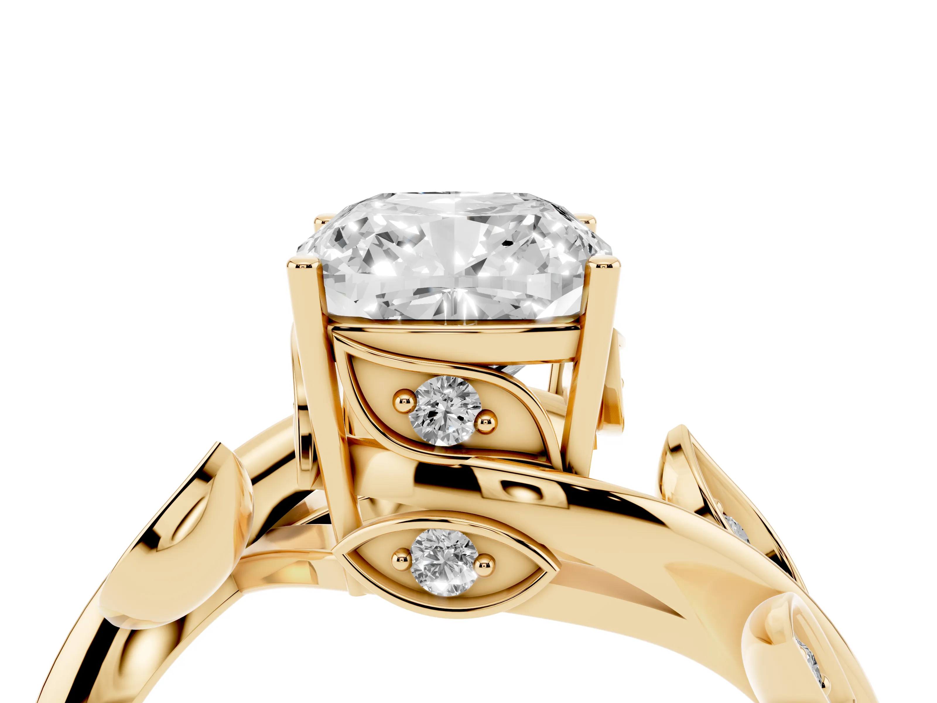 Cushion Cut Diamond Solitaire Twist Engagement Ring Set in Yellow gold with Pavé Leaf Accents