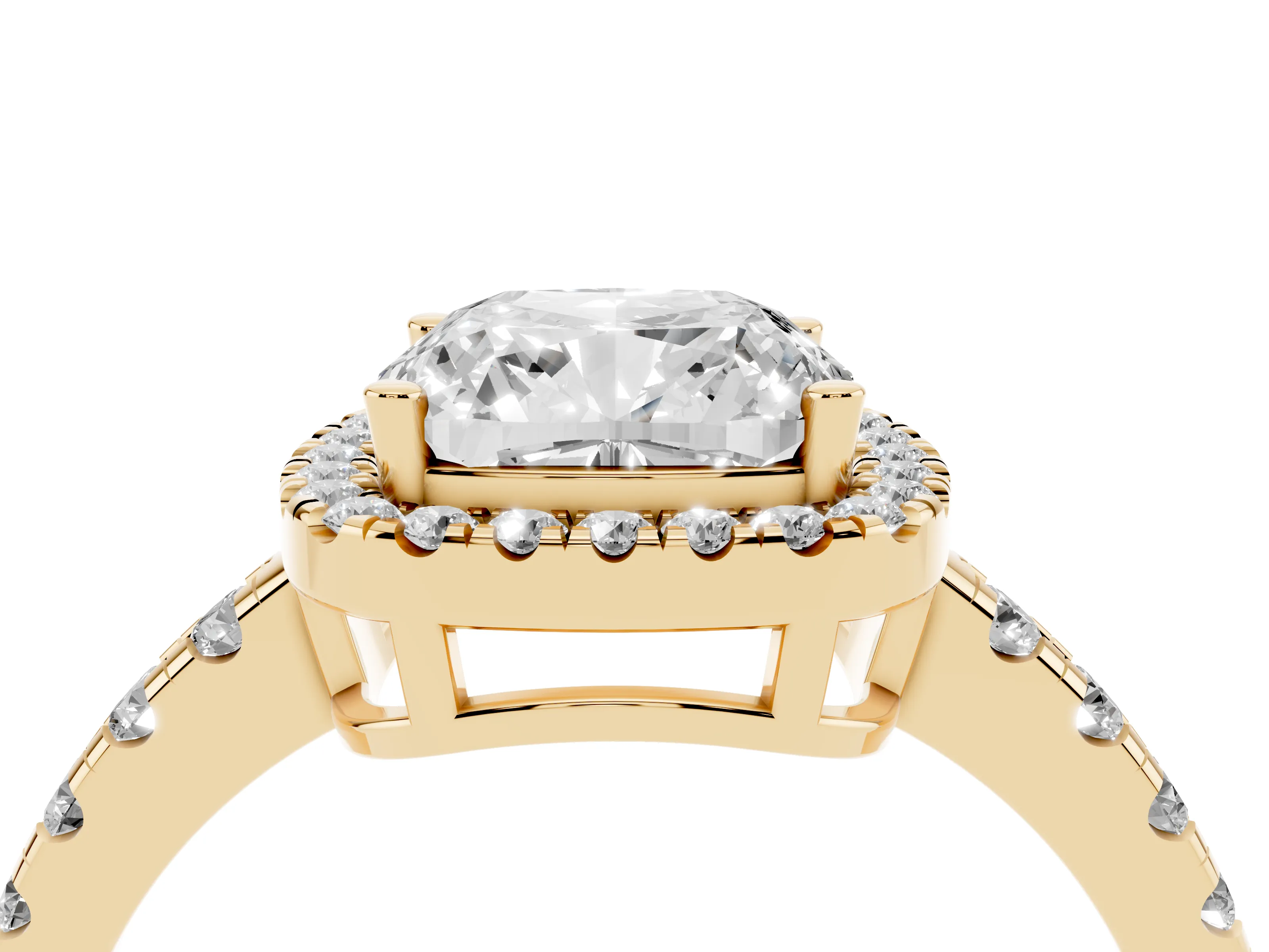 Cushion Cut Diamond Halo Ring Set in Yellow gold with Delicate Pavé Band and Prong Setting