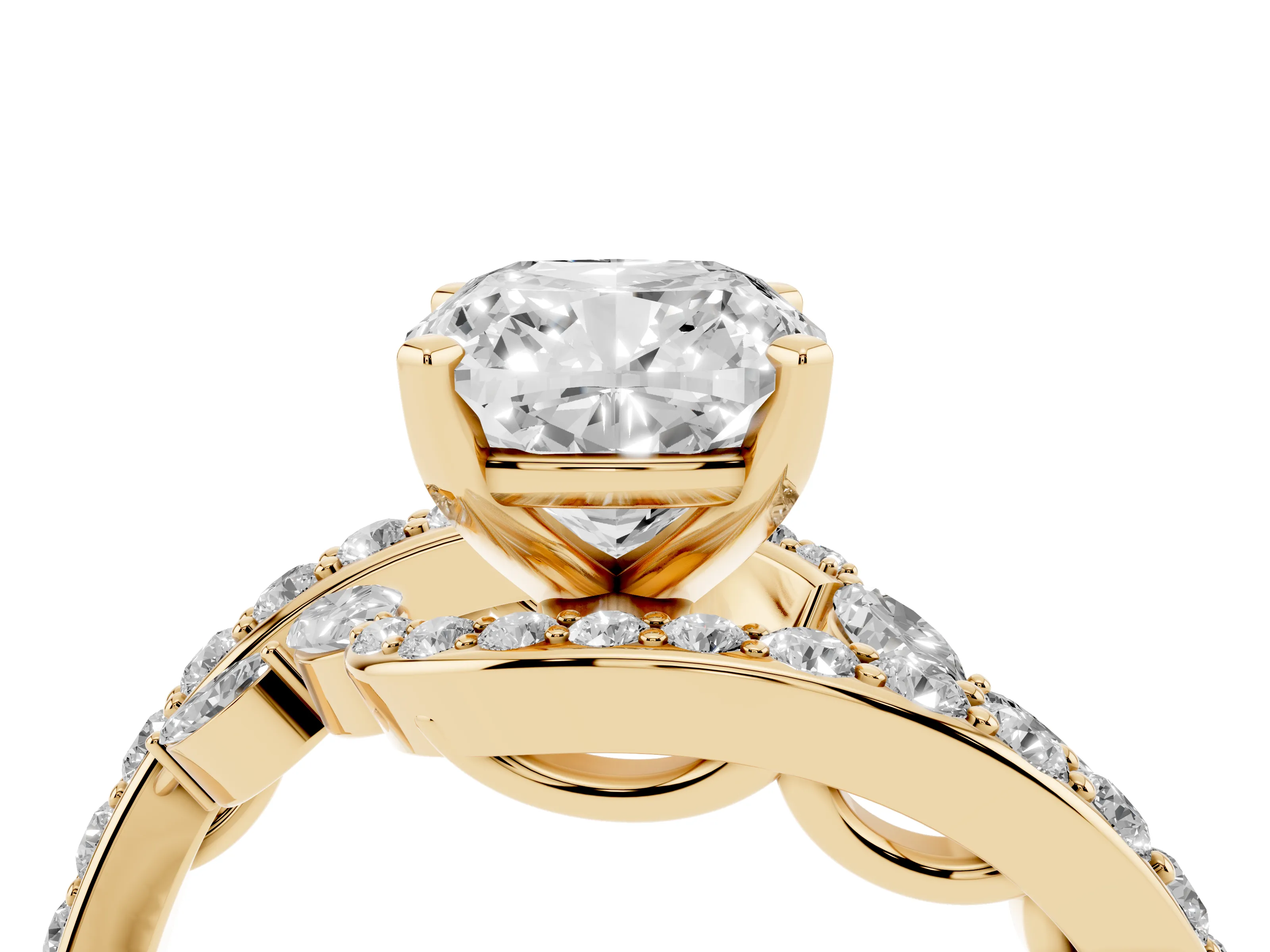 Cushion Cut Diamond Solitaire Ring Set in Yellow gold with Pavé Twist Band and Secure Prong Setting