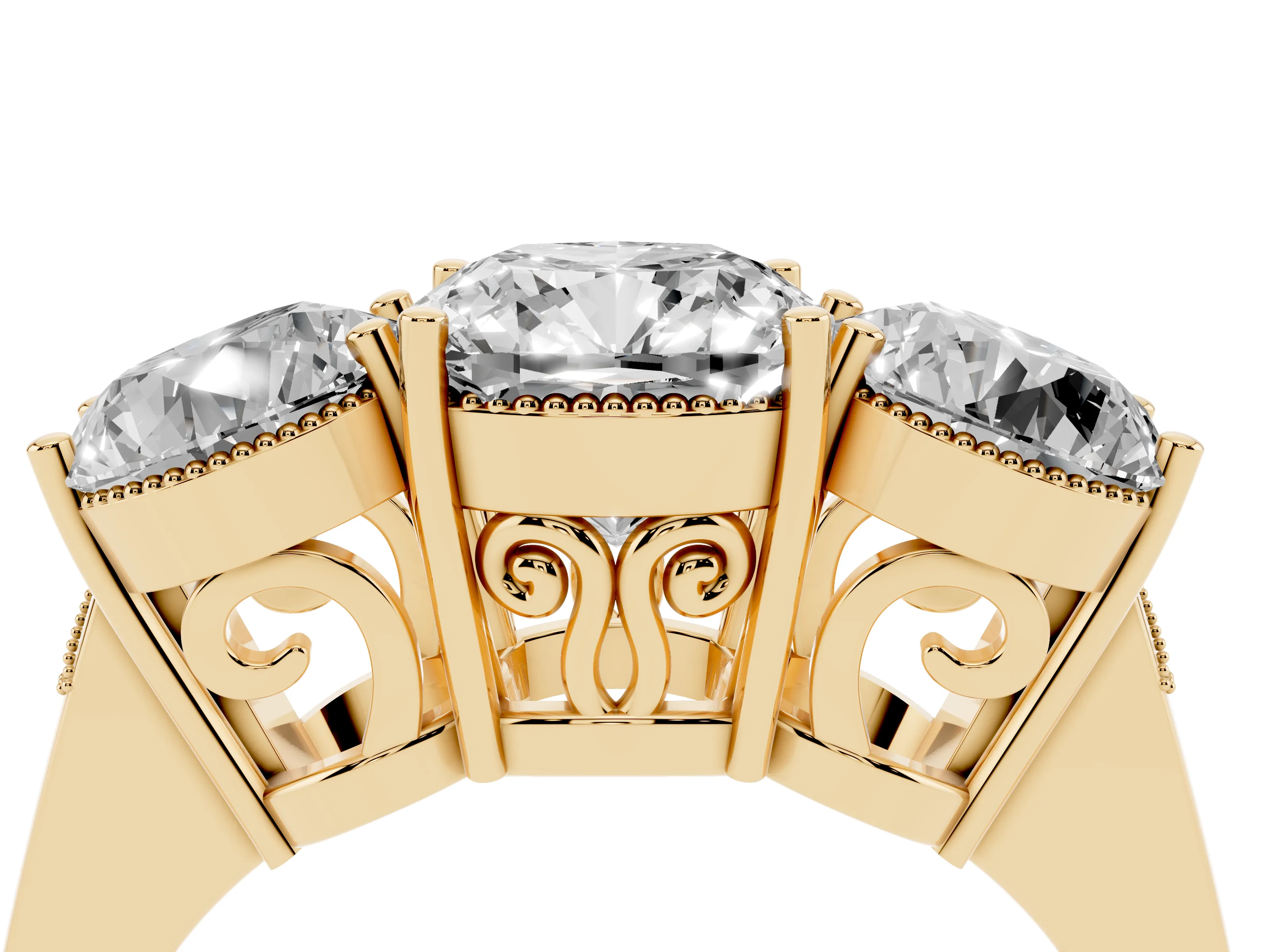 Cushion Cut Diamond Three-Stone Engagement Ring Set in Yellow gold with Polished Band
