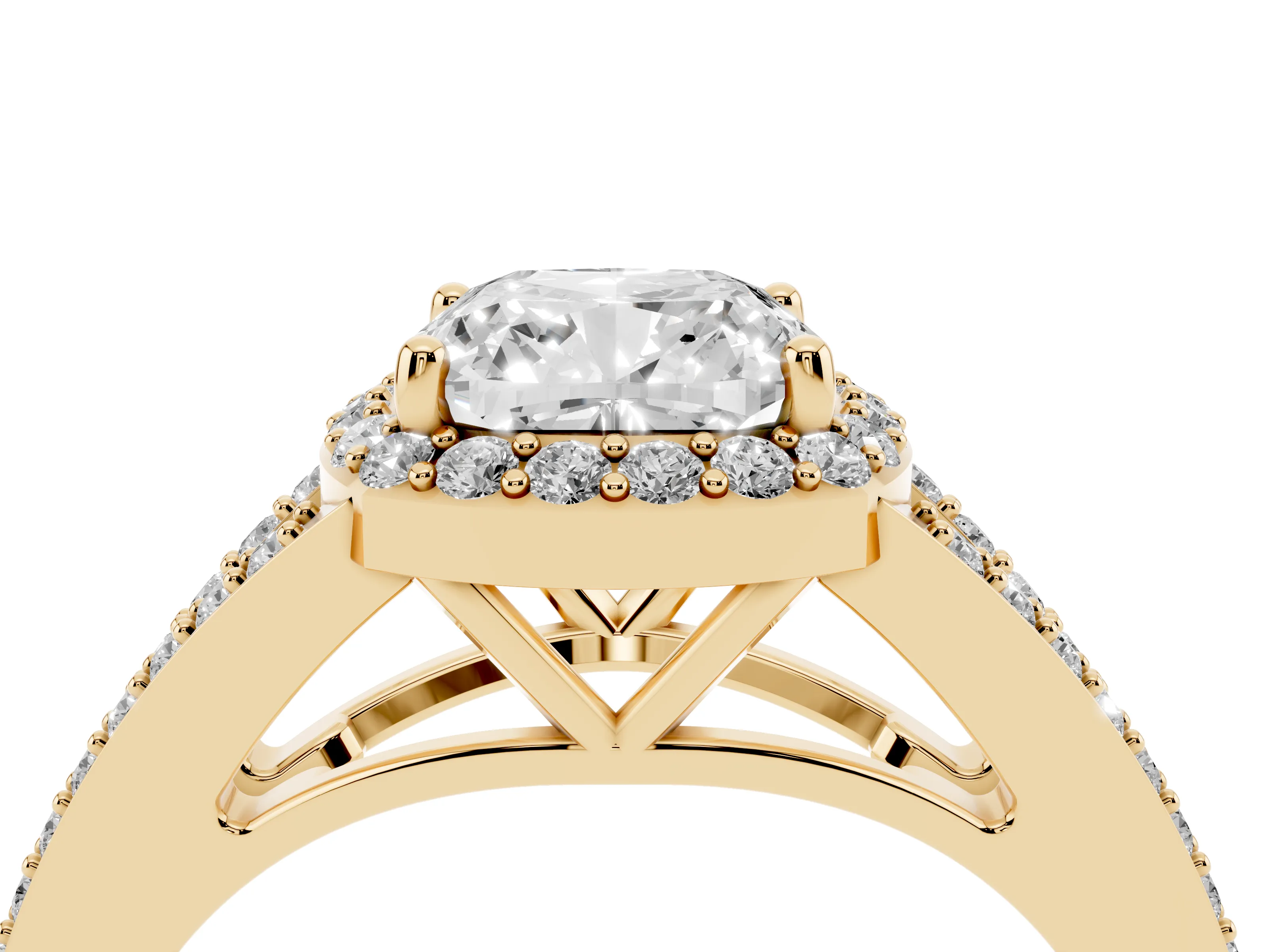 Cushion Cut Diamond Halo Split Shank Ring Set in Yellow gold with Accent Stones and Prong Setting