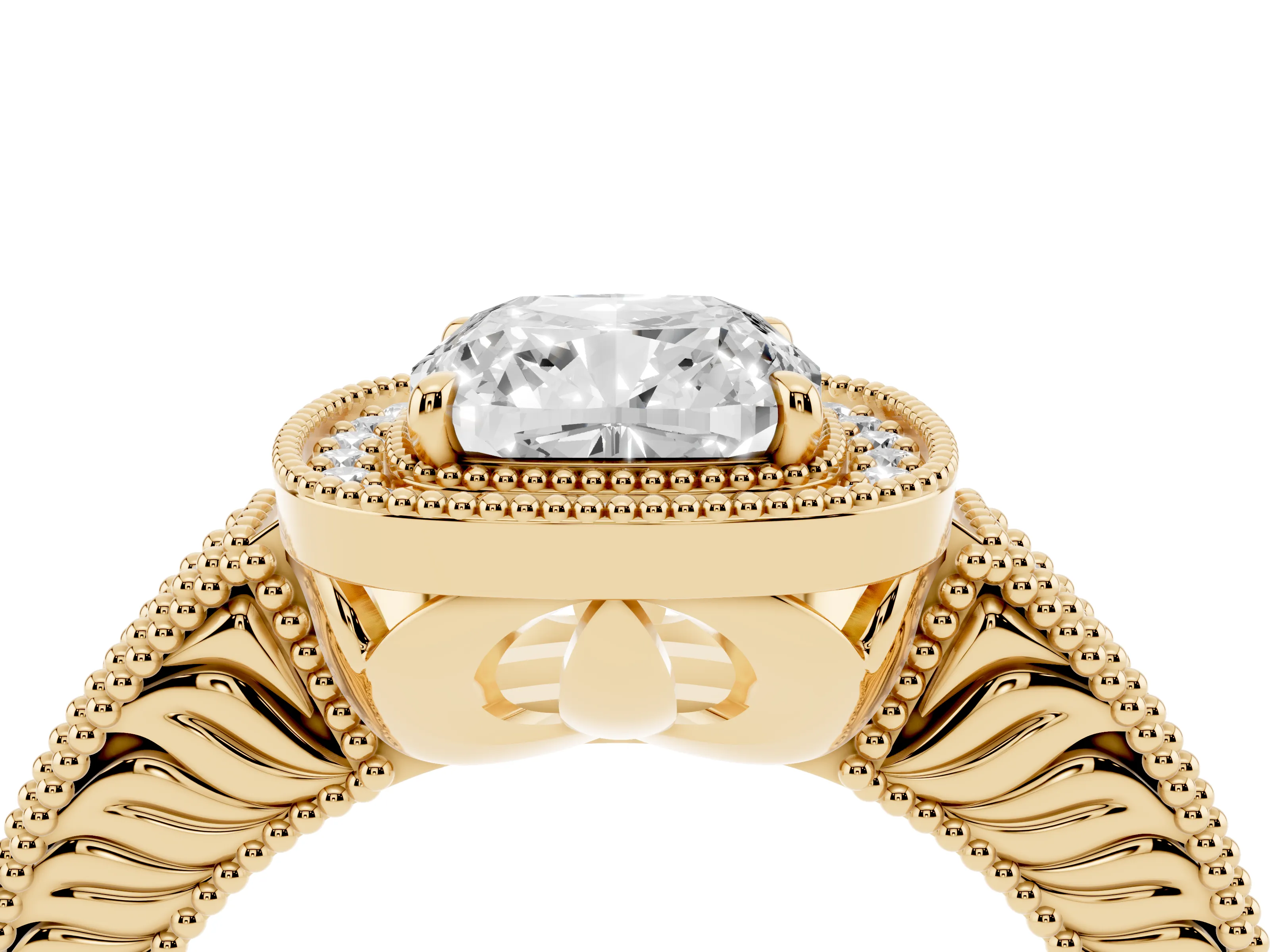 Cushion Cut Diamond Halo Ring Set in Yellow gold with Round Accent Halo, Pavé Band and Prong Setting