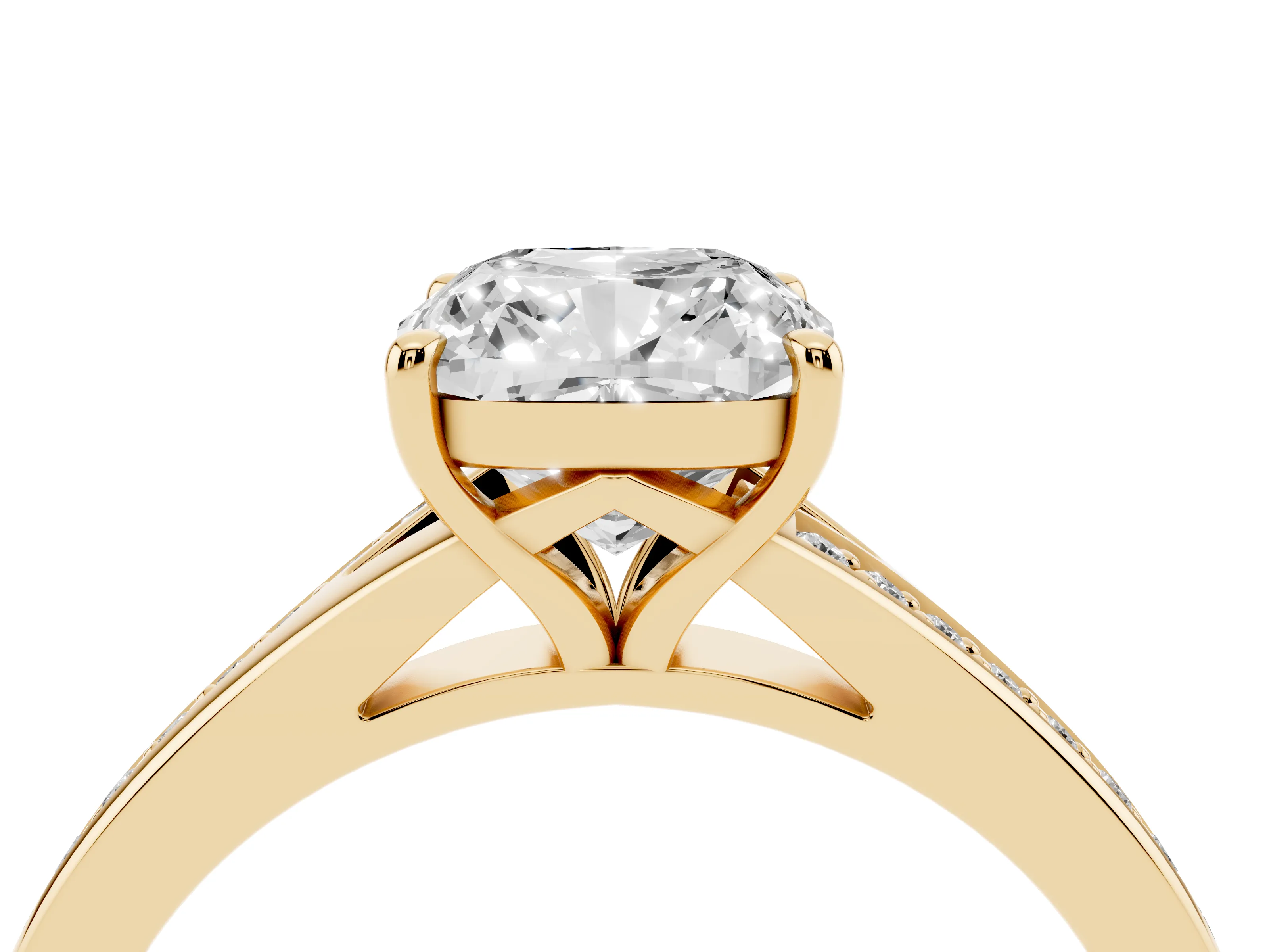 Cushion Cut Diamond Solitaire Ring Set in Yellow gold with Pavé Accent Band and Classic Prong Setting