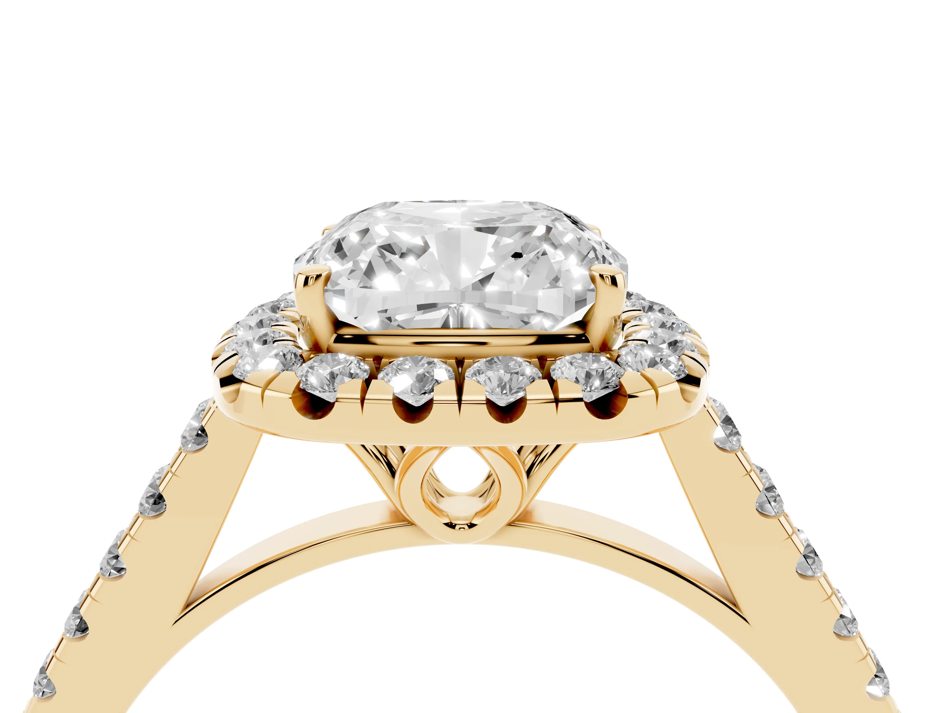 Cushion Cut Diamond Pavé Halo Engagement Ring Set in Yellow gold with Pavé Band and Prong Setting