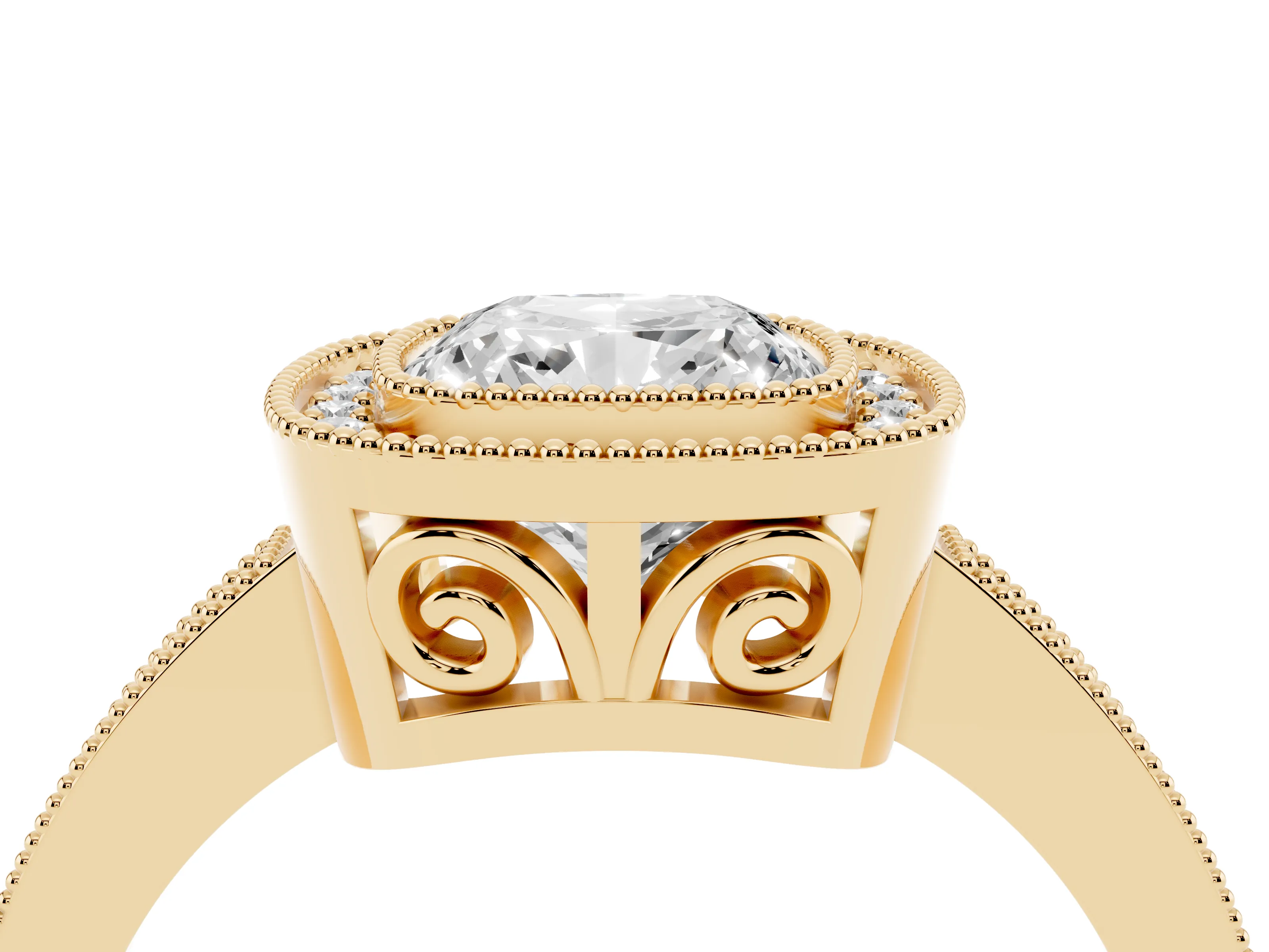 Cushion Cut Diamond Round Halo Ring Set in Yellow gold with Pavé Band