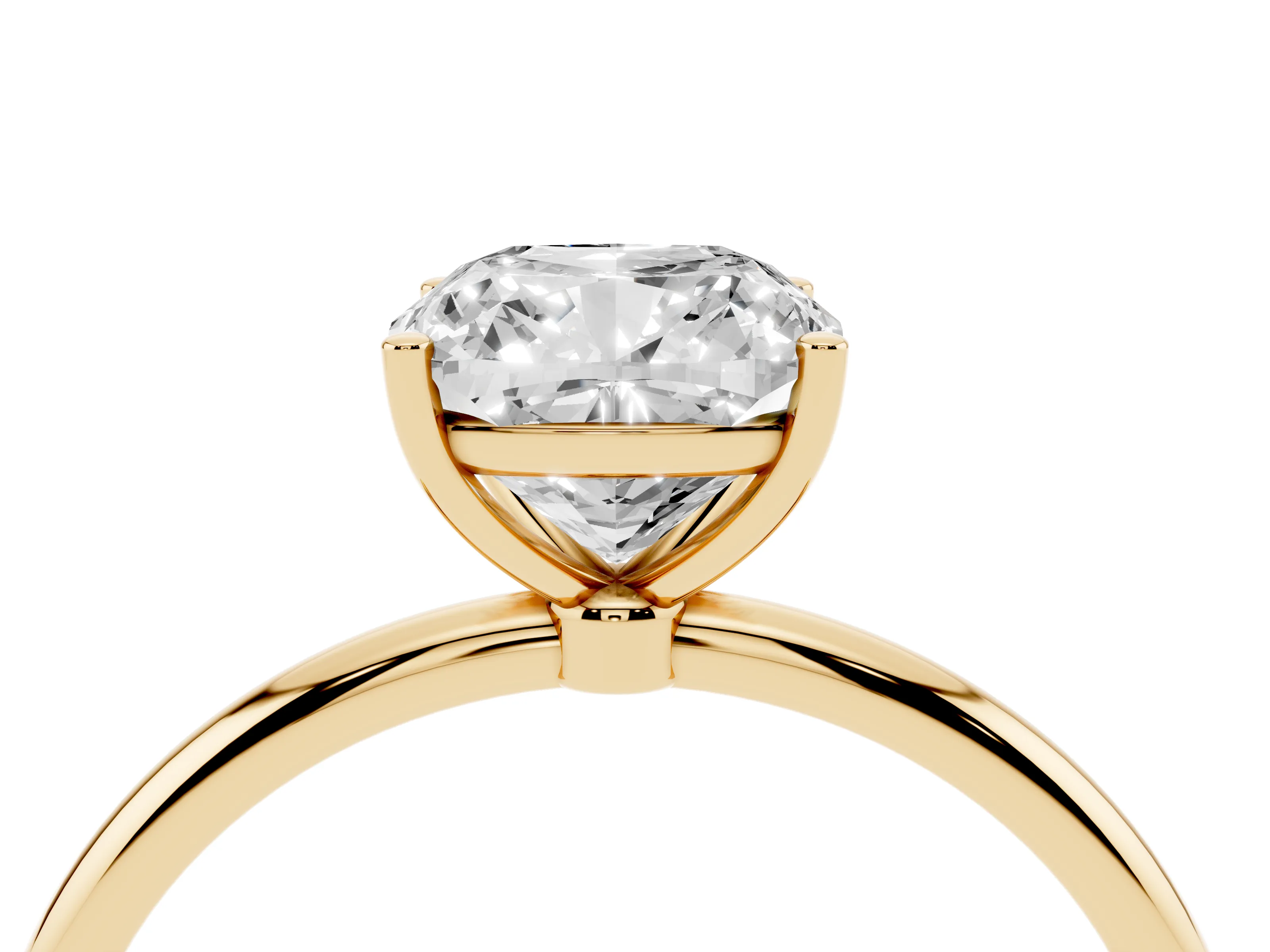 Cushion Cut Diamond Solitaire Engagement Ring Set in Yellow gold with Thin Band and Prong Setting
