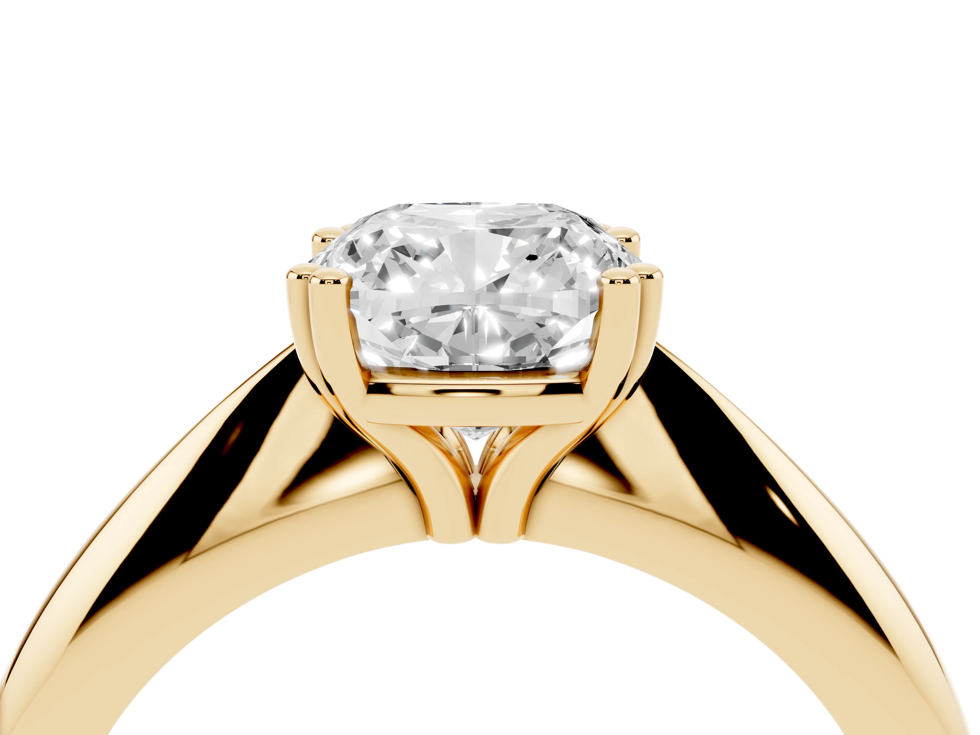 Cushion Cut Diamond Solitaire Engagement Ring Set in Yellow gold with Tapered Band and Prong Setting