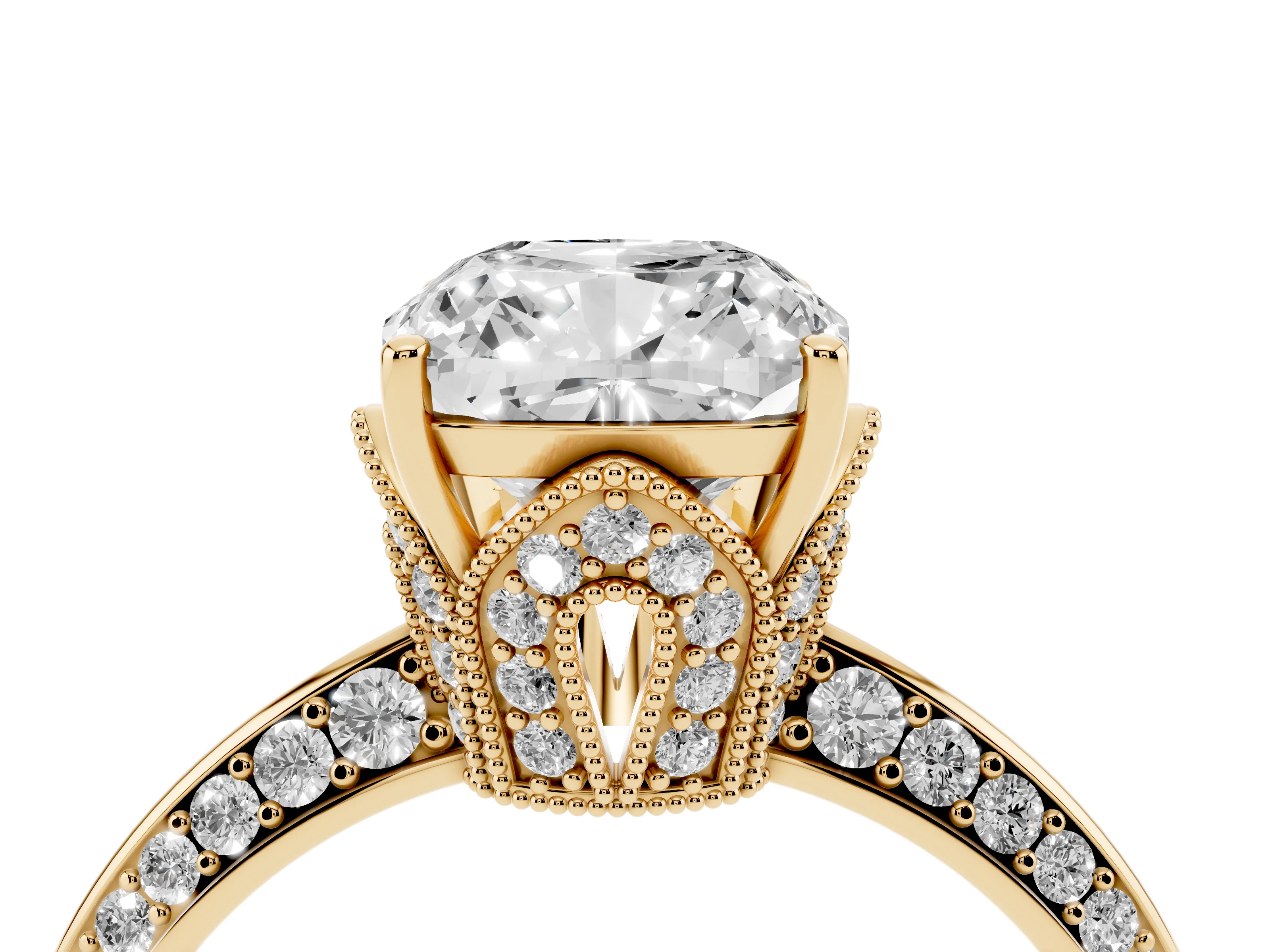 Cushion Cut Diamond Solitaire Engagement Ring Set in Yellow gold with Pavé Split Shank and Prong Setting