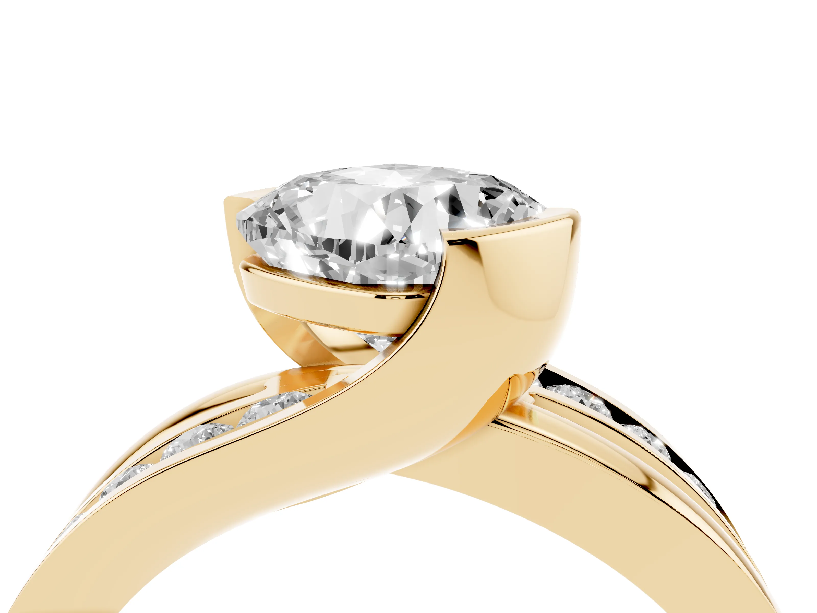 Cushion Cut Diamond Solitaire Ring Set in Yellow gold with Channel Set Split Shank and Tension Prongs