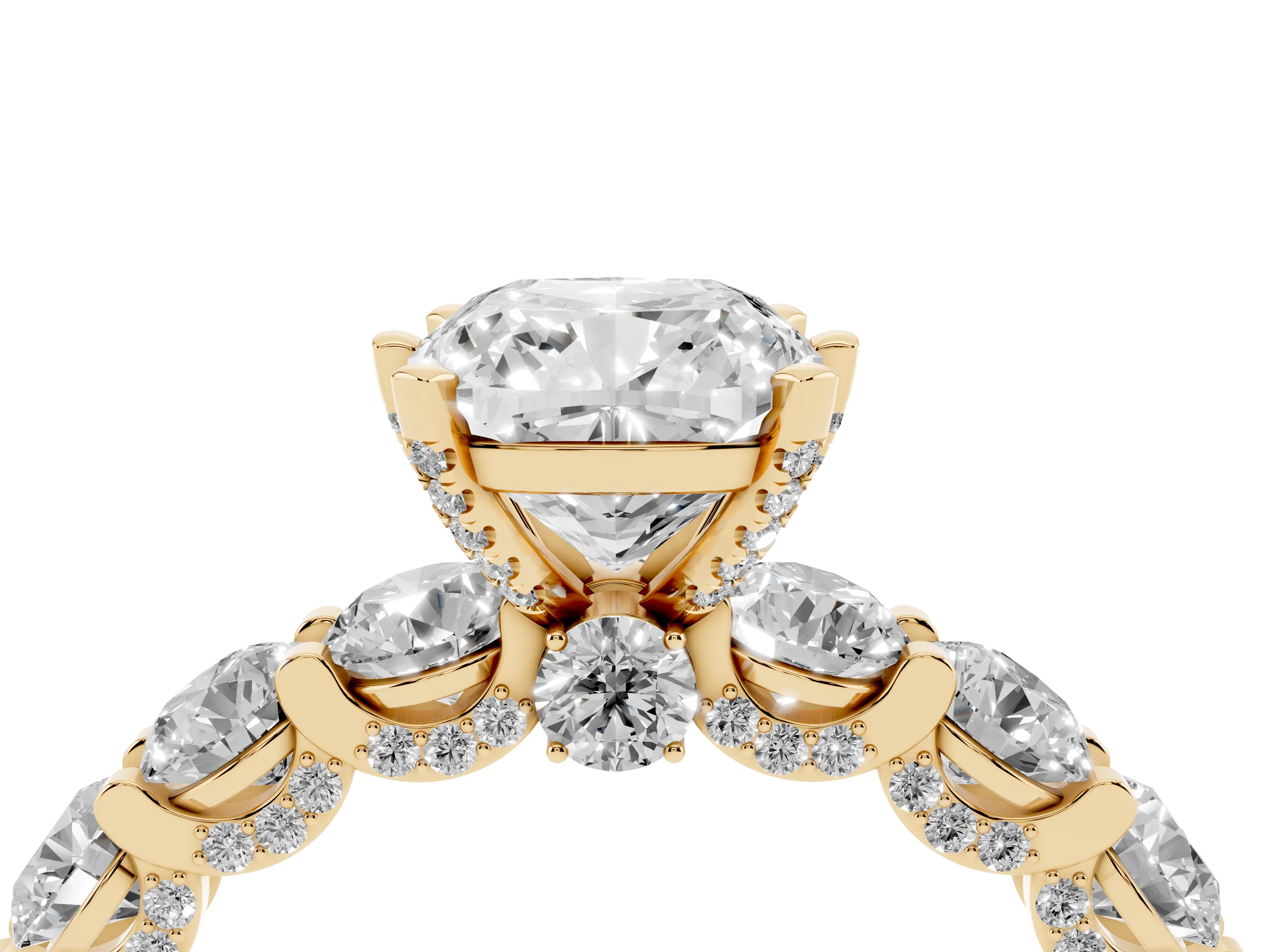 Cushion Cut Diamond Side Stone Ring Set in Yellow gold with Alternating Round and Oval Side Stones
