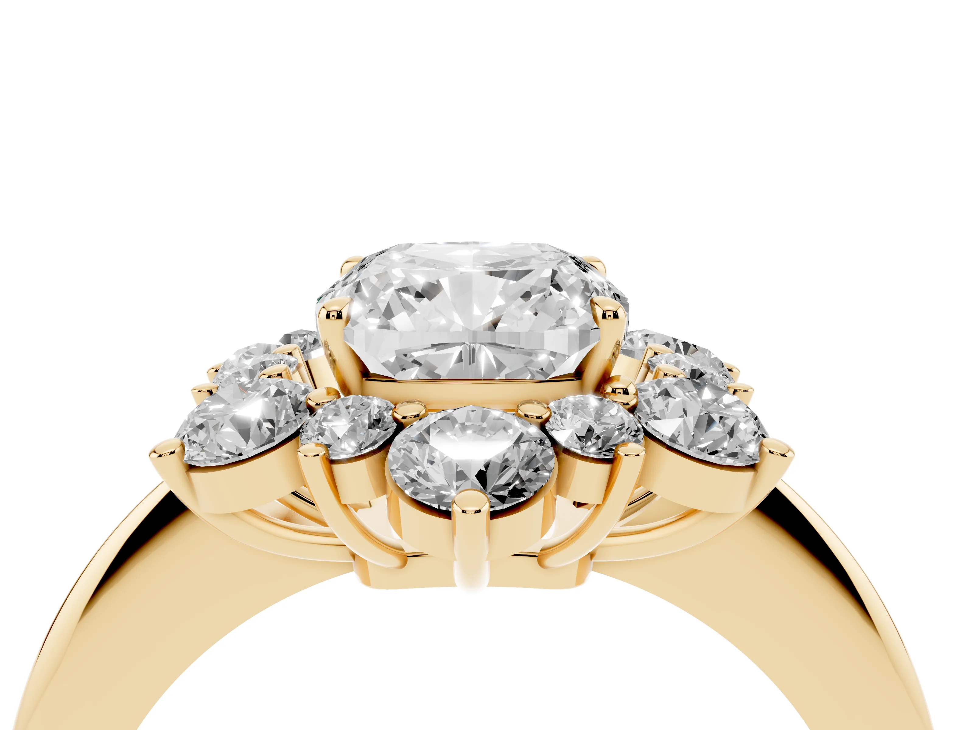 Cushion Cut Diamond Cluster Halo Ring Set in Yellow gold with Solitaire Band and Prong Setting
