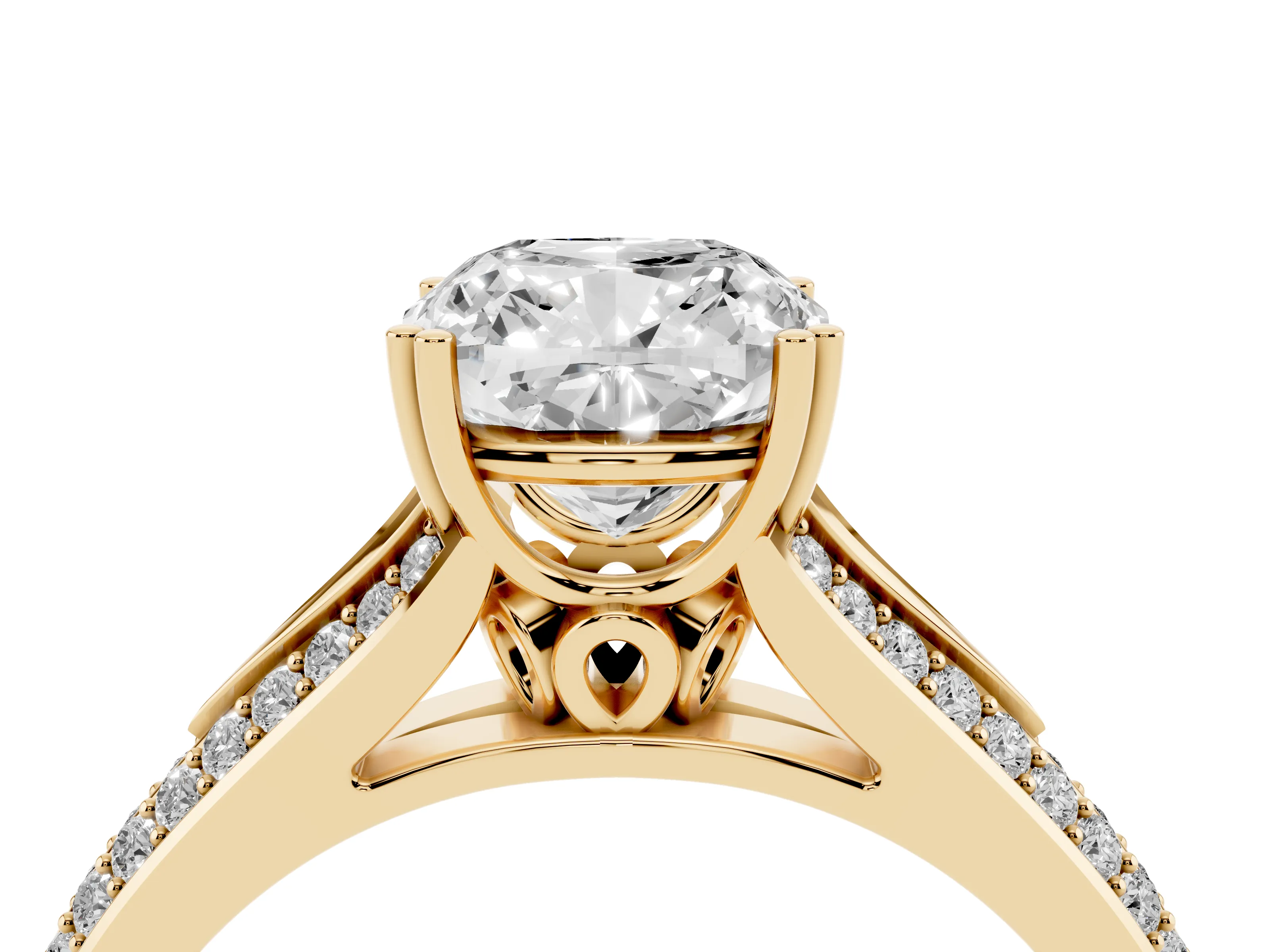 Cushion Cut Diamond Split Shank Pavé Engagement Ring Set in Yellow gold with Prong-Set Center Stone