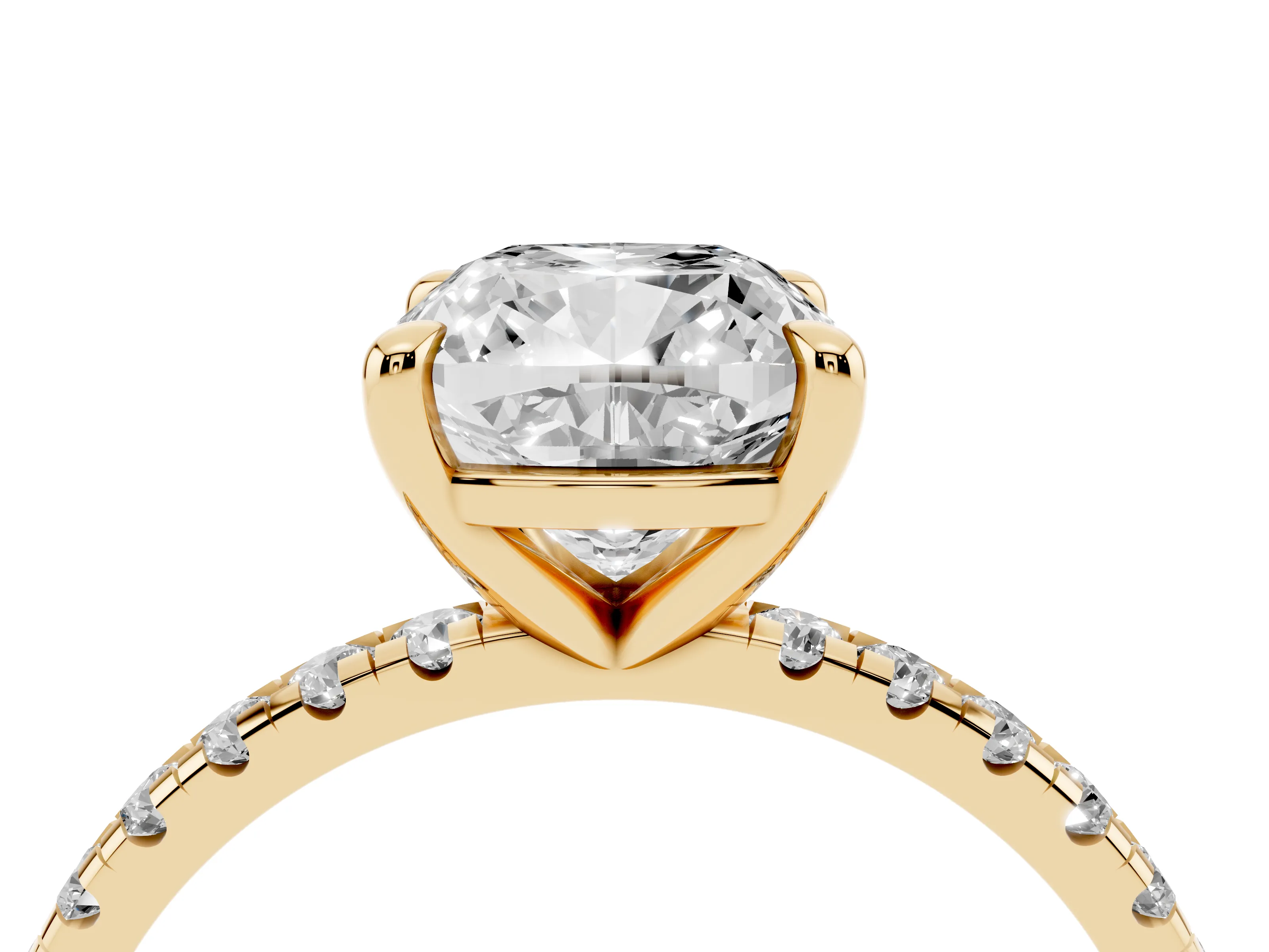 Cushion Cut Diamond Brilliant Solitaire Ring Set in Yellow gold with Pavé Band and Prong Setting