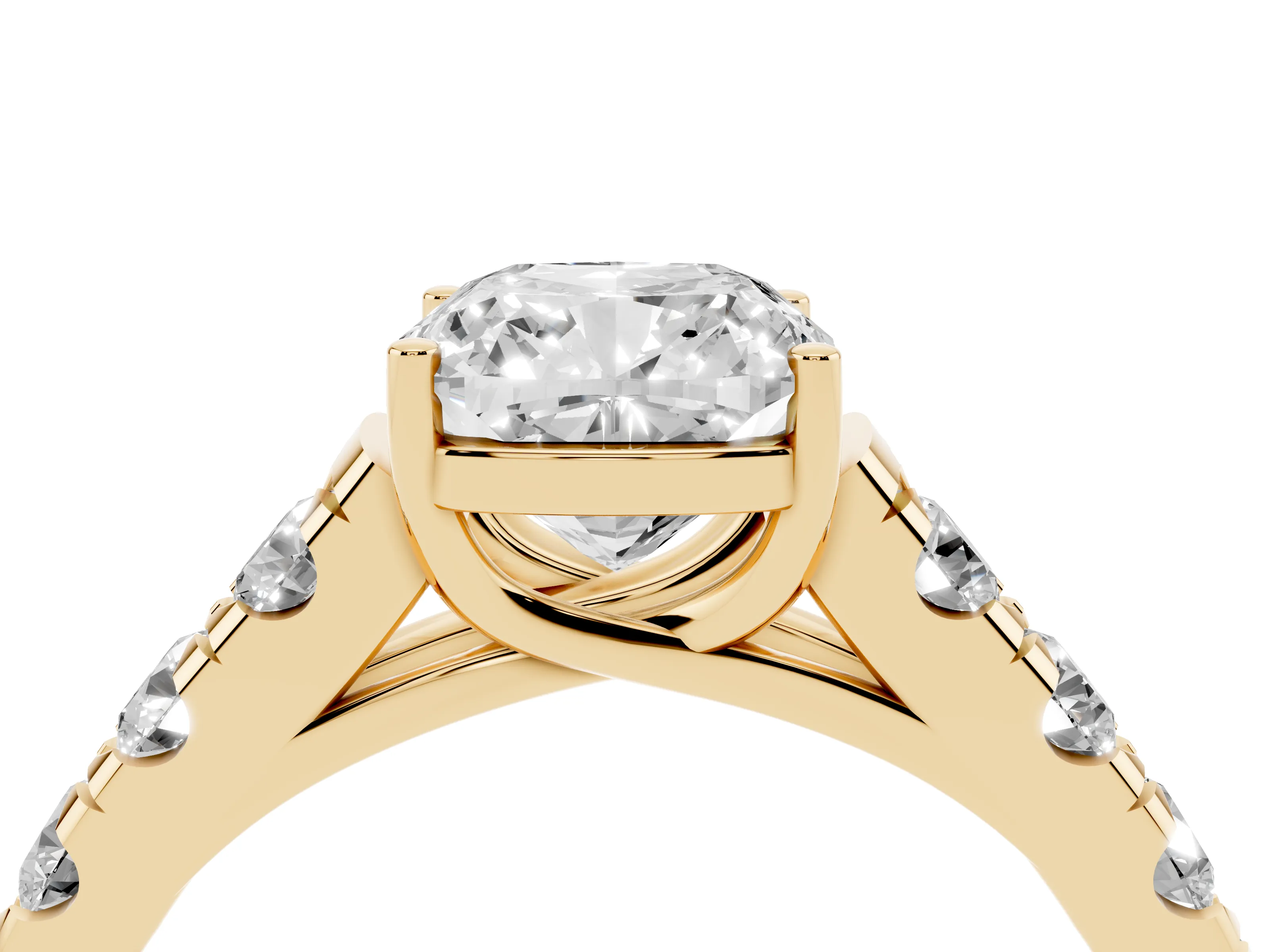 Cushion Cut Diamond Solitaire Ring Set in Yellow gold with Cut-Down Micro Pavé Band and Prong Setting