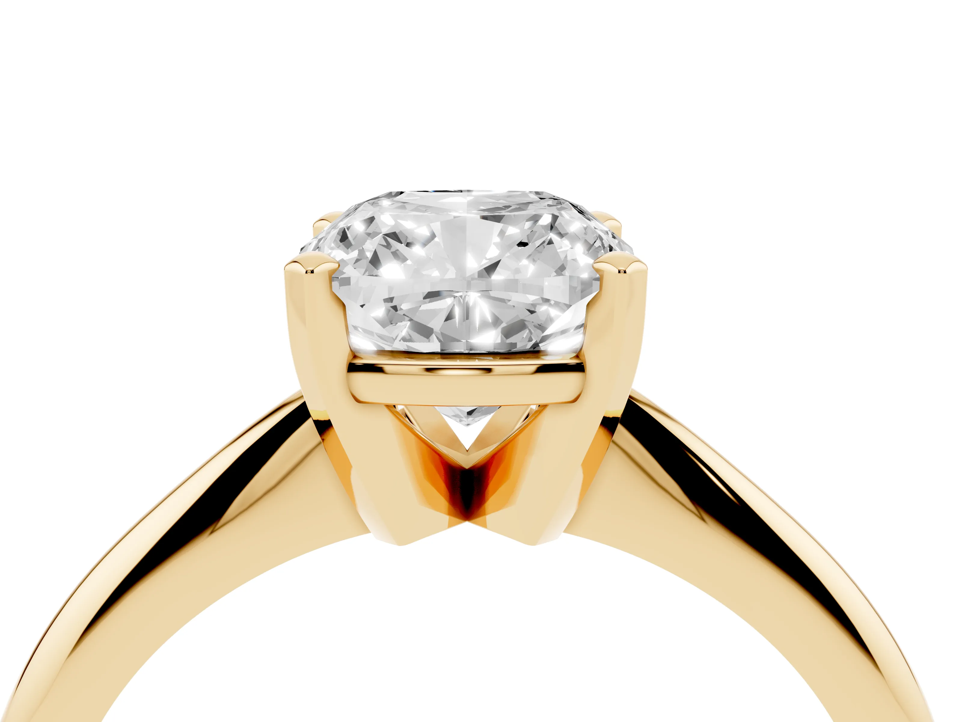 Cushion Cut Diamond Solitaire Ring Set in Yellow gold with Prong Setting on a Plain Round Band