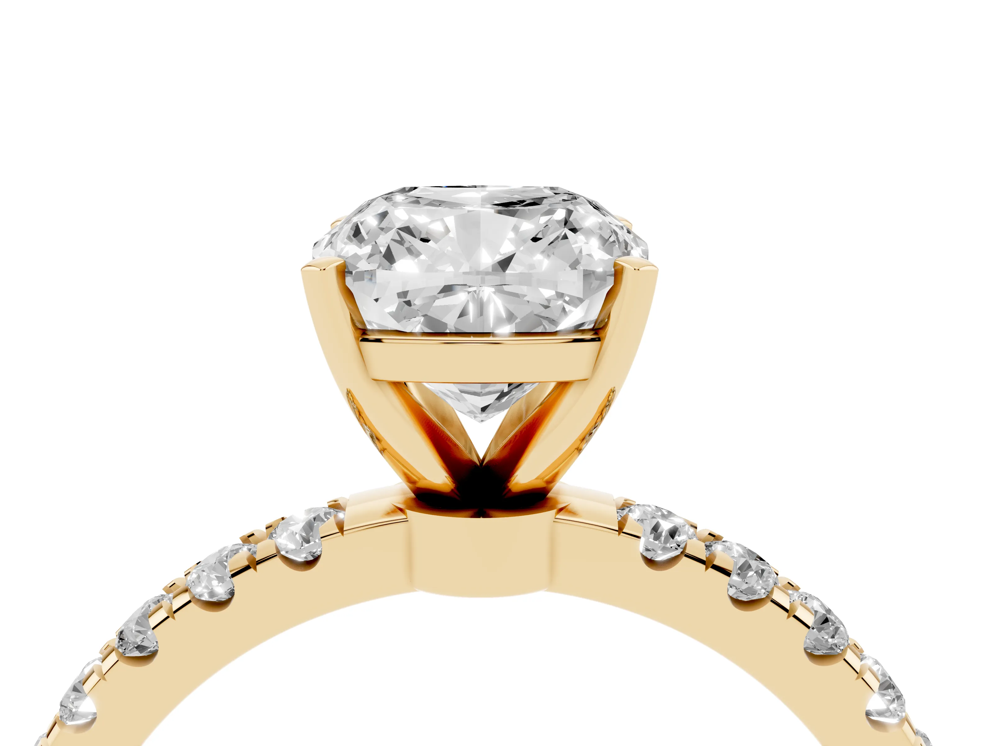 Cushion Cut Diamond Solitaire Ring Set in Yellow gold with Pavé Accents and Prong Setting