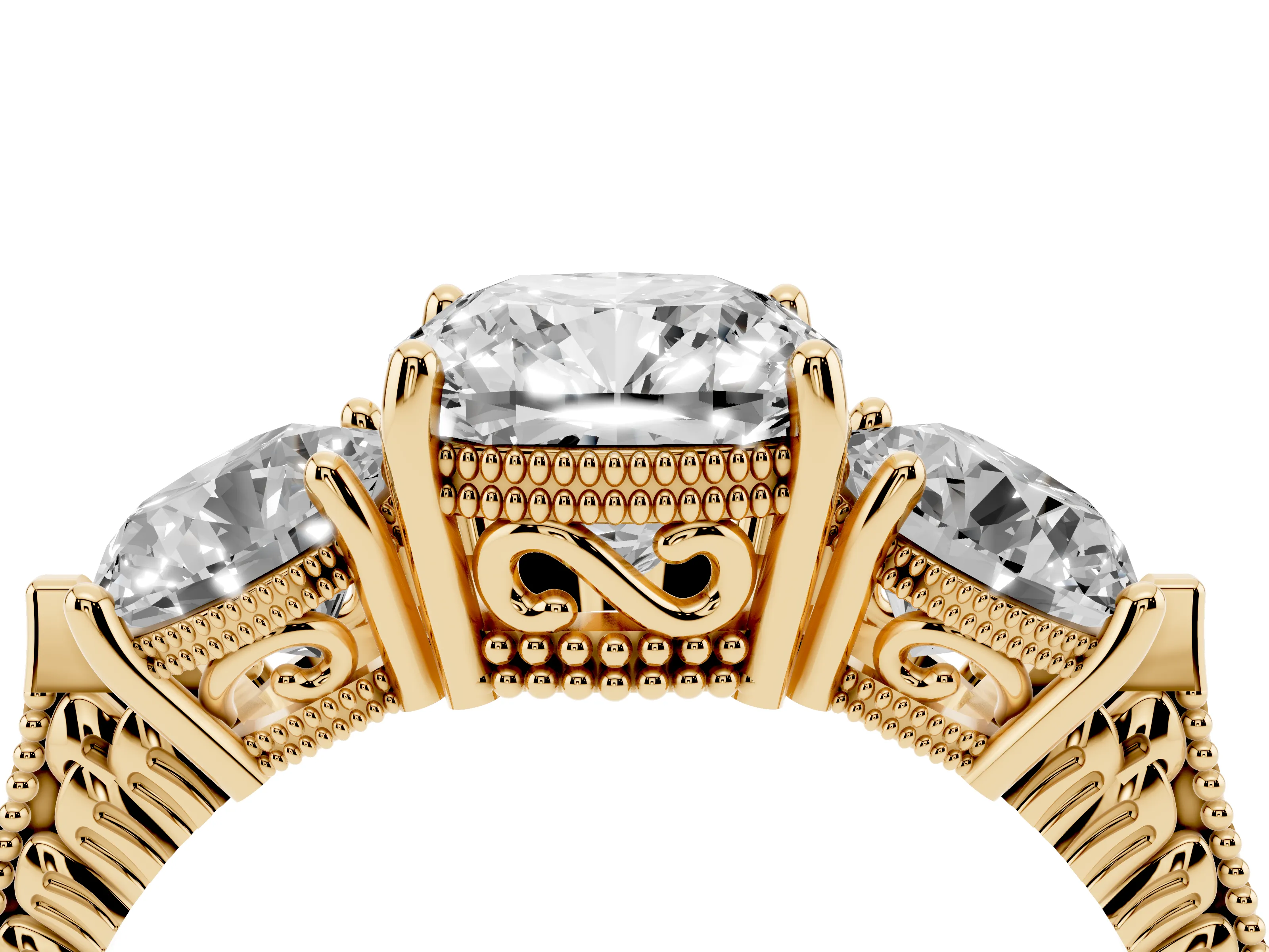 Cushion Cut Diamond Three-Stone Ring Set in Yellow gold with Milgrain Band