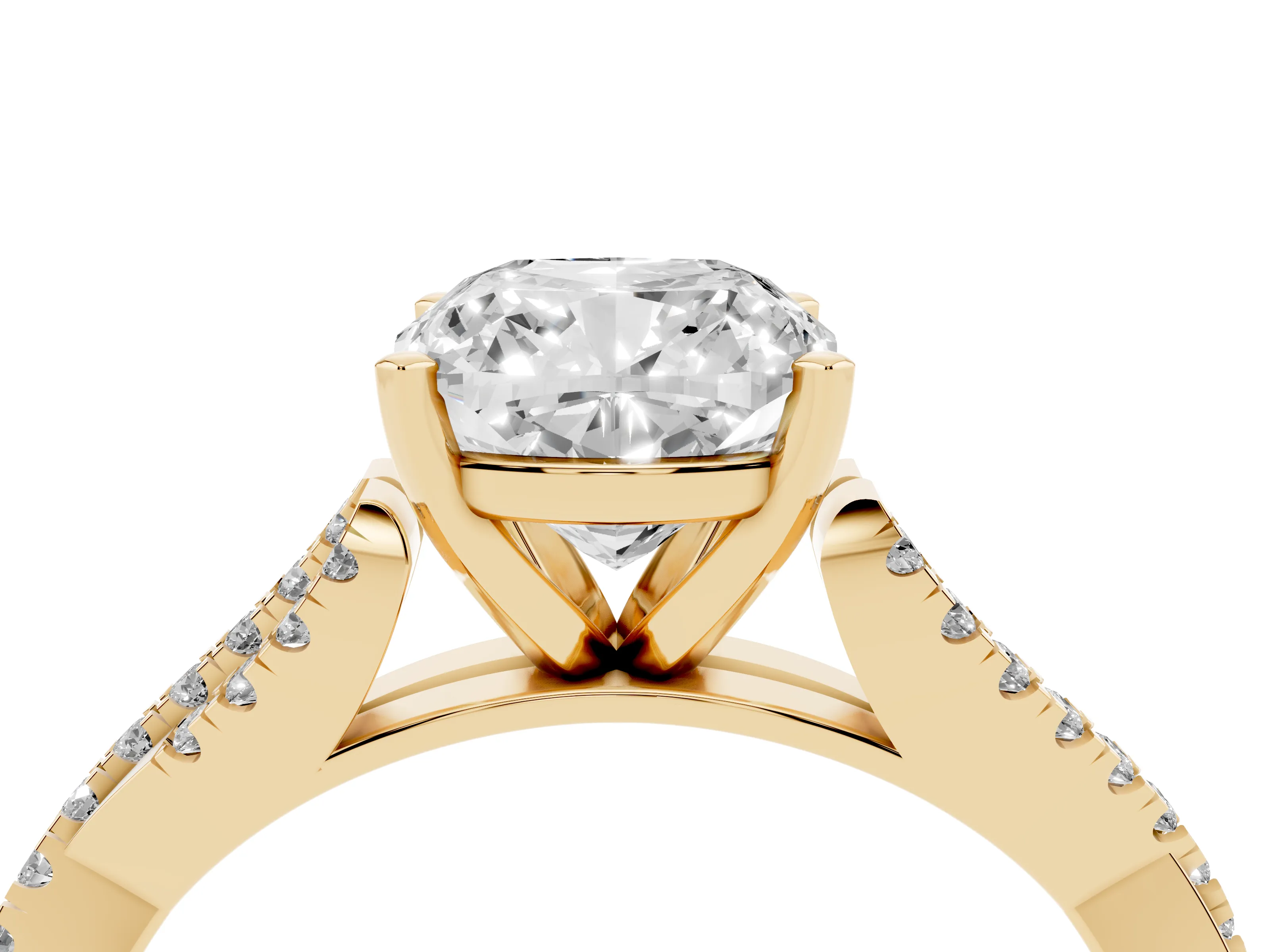 Cushion Cut Diamond Solitaire Engagement Ring Set in Yellow gold with Twisted Pavé Band and Prong Setting