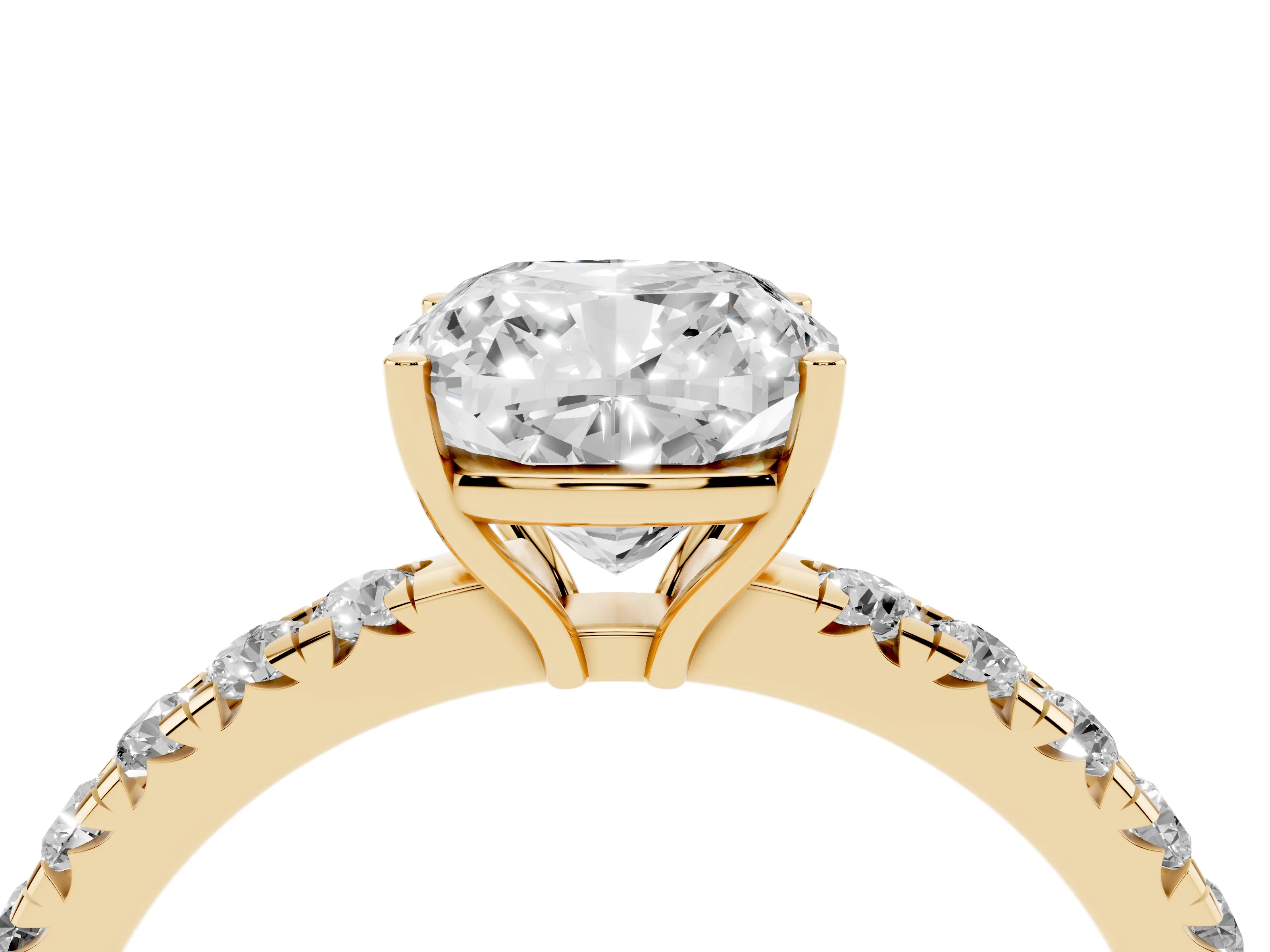 Cushion Cut Diamond Pavé Solitaire Engagement Ring Set in Yellow gold with Prong Setting