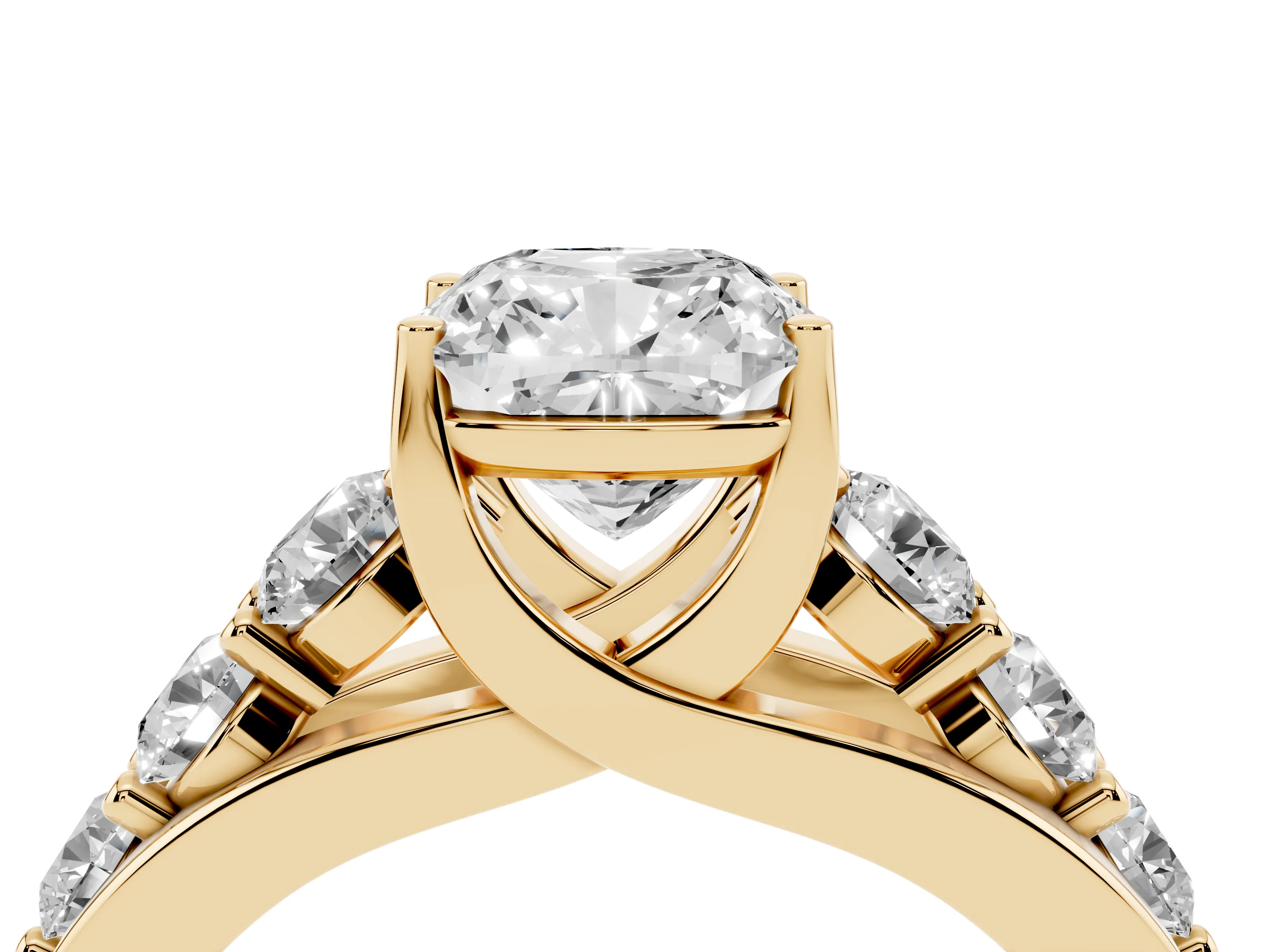 Cushion Cut Diamond Pavé Engagement Ring Set in Yellow gold with Prong Setting