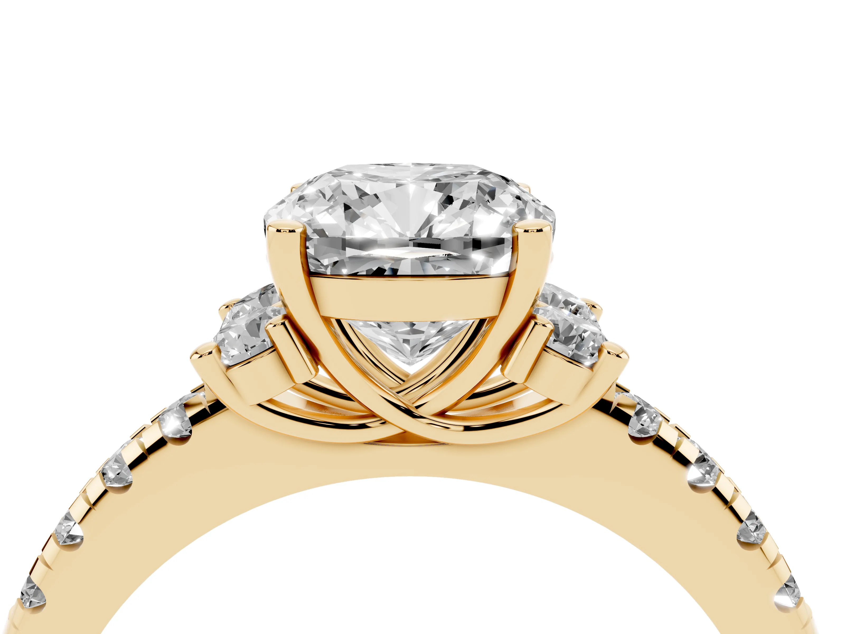 Cushion Cut Diamond Three-Stone Pavé Ring Set in Yellow gold with Prong Setting