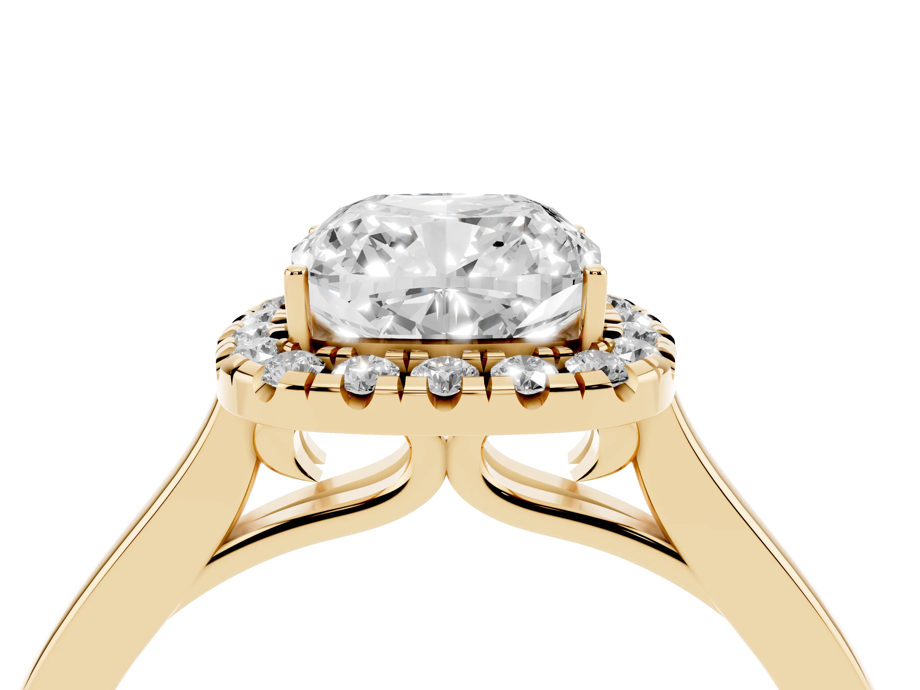 Cushion Cut Halo Round Diamond Solitaire Ring Set in Yellow gold with Pavé Band and Prong Setting