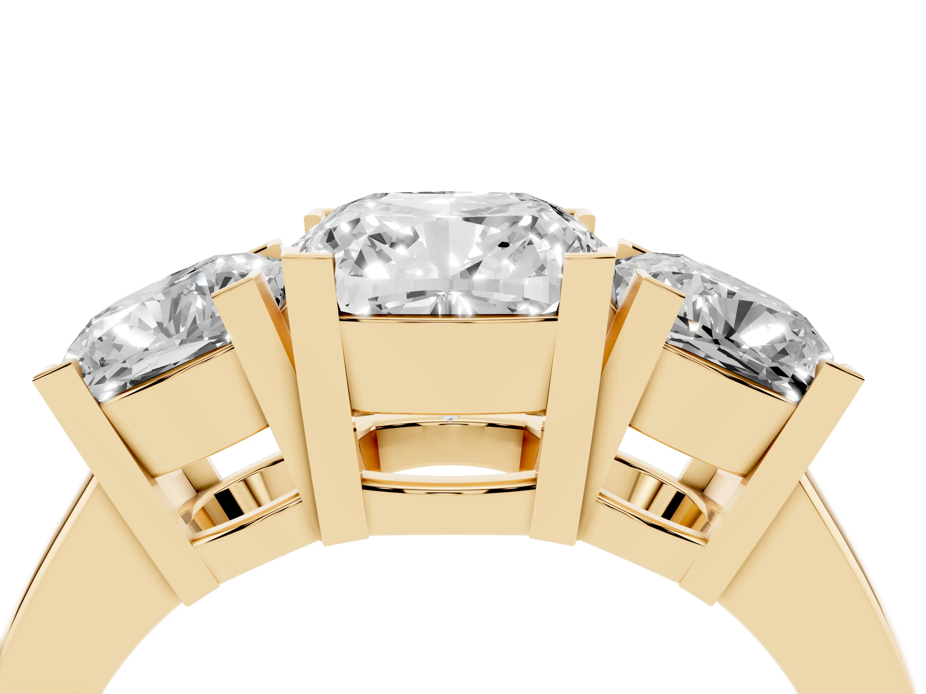 Cushion Cut Diamond Three-Stone Ring Set in Yellow gold with Channel-Set Band and Prong Settings