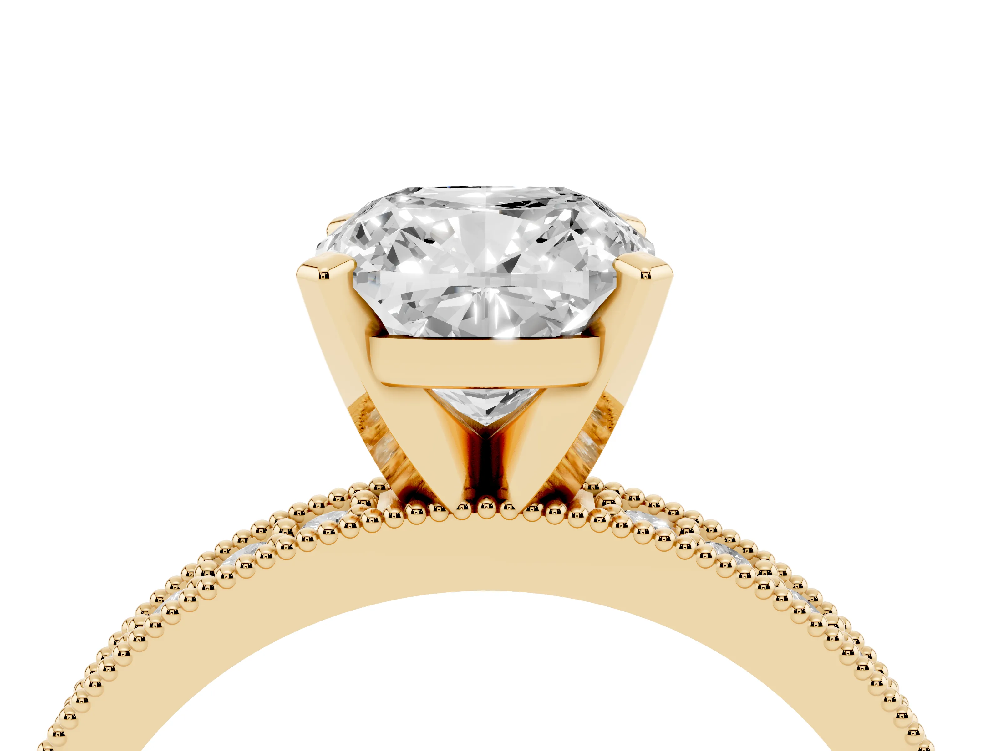Cushion Cut Diamond Milgrain Pavé Engagement Ring Set in Yellow gold with Prong Setting