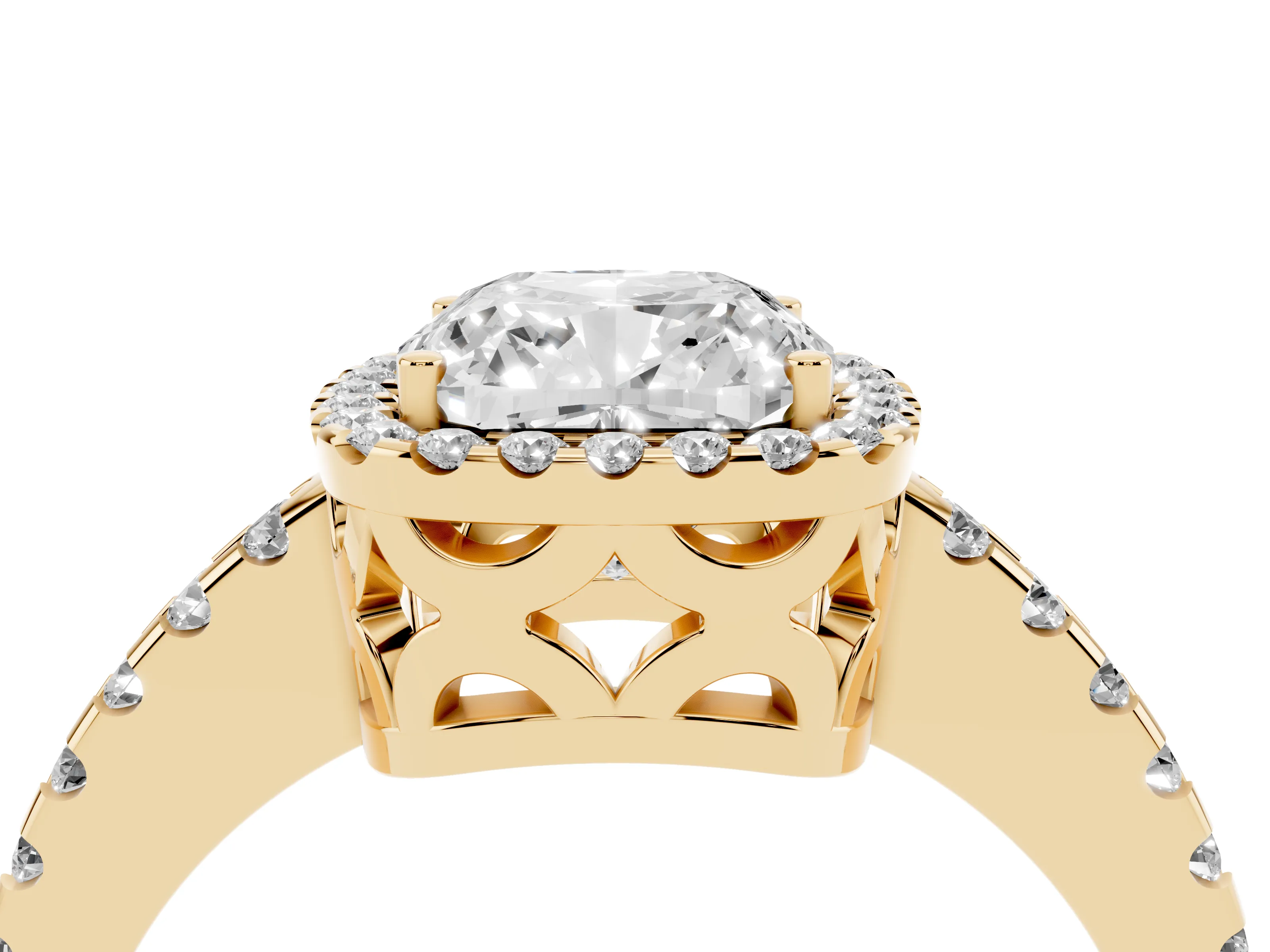 Cushion Cut Diamond Halo Ring Set in Yellow gold with Pavé Shoulders and Halo-Framed Center