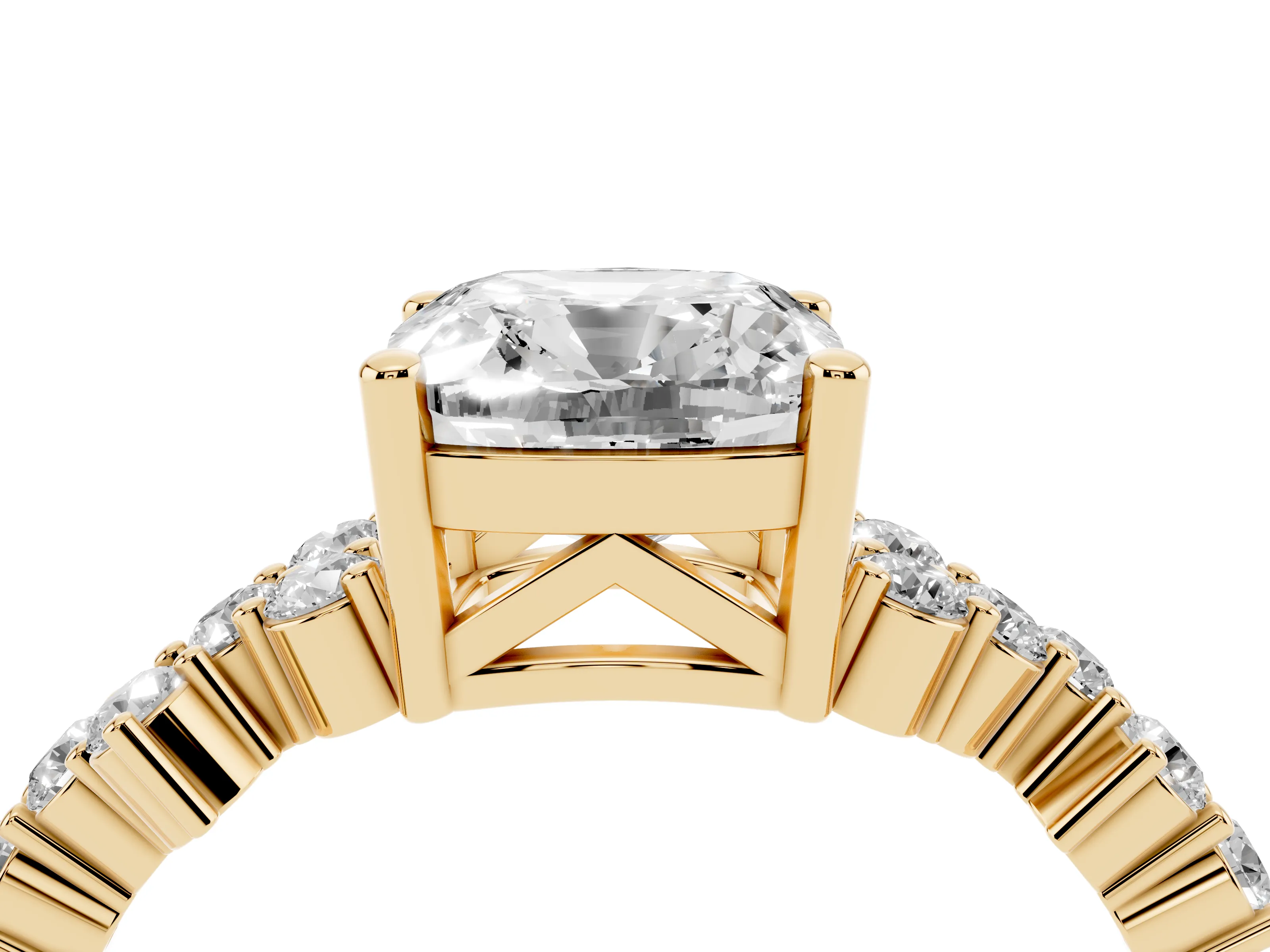 Cushion Cut Diamond Ring Set in Yellow gold with Scattered Round Accents