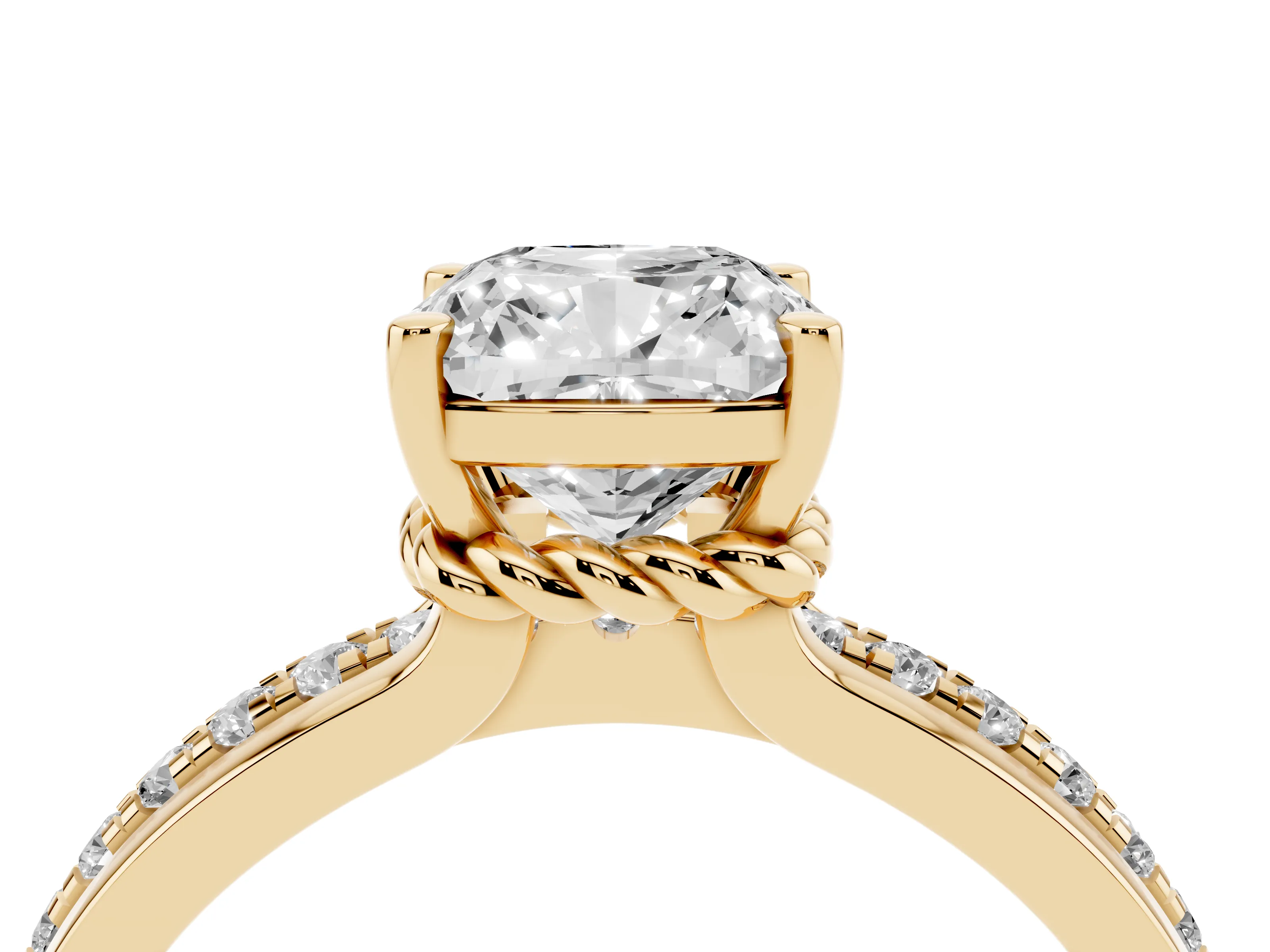 Cushion Cut Diamond Solitaire Ring Set in Yellow gold with Channel Set Band and Prong Setting