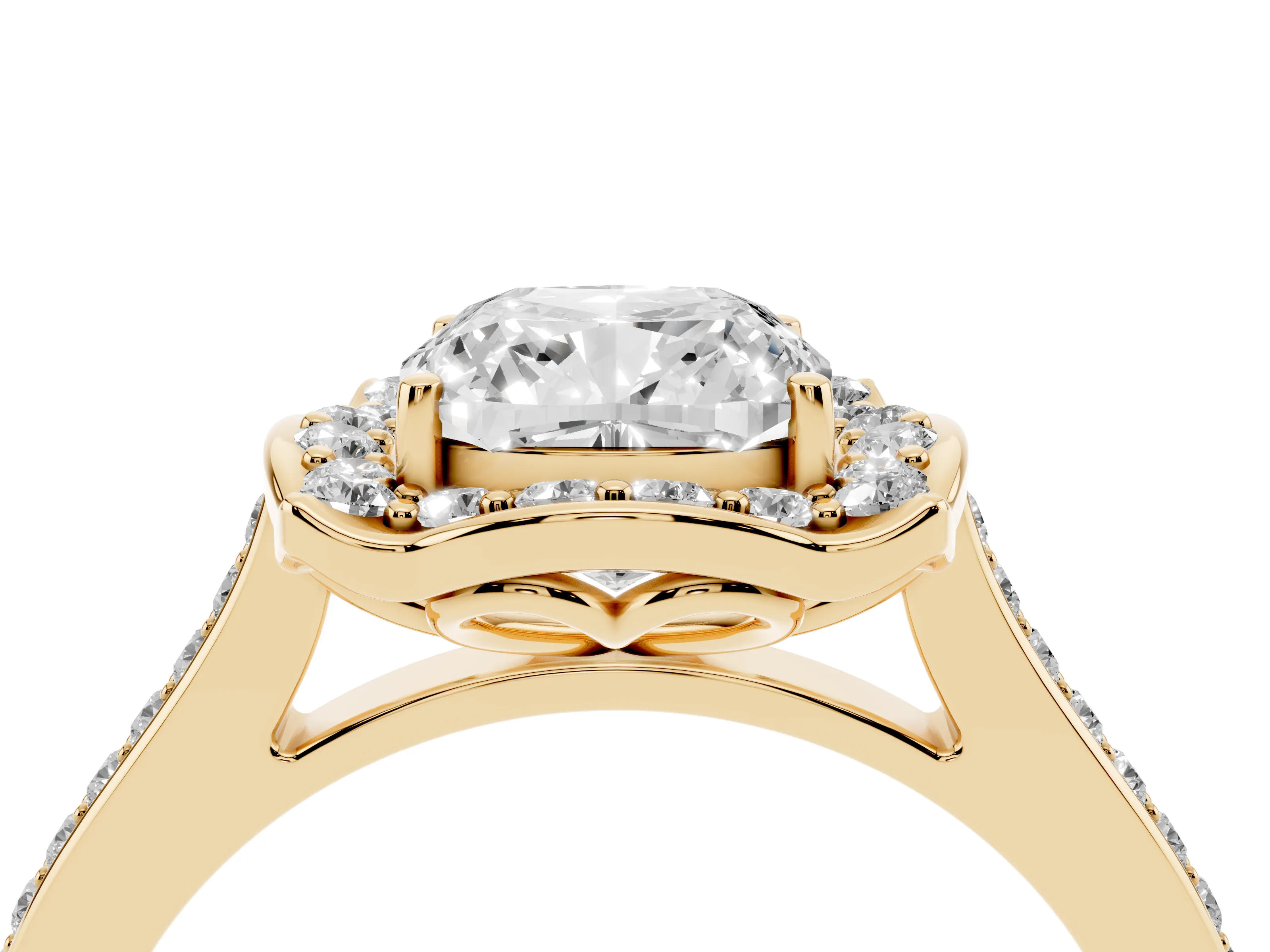 Cushion Cut Diamond Halo Ring Set in Yellow gold with Pavé-Lined Shoulders and Prong Setting