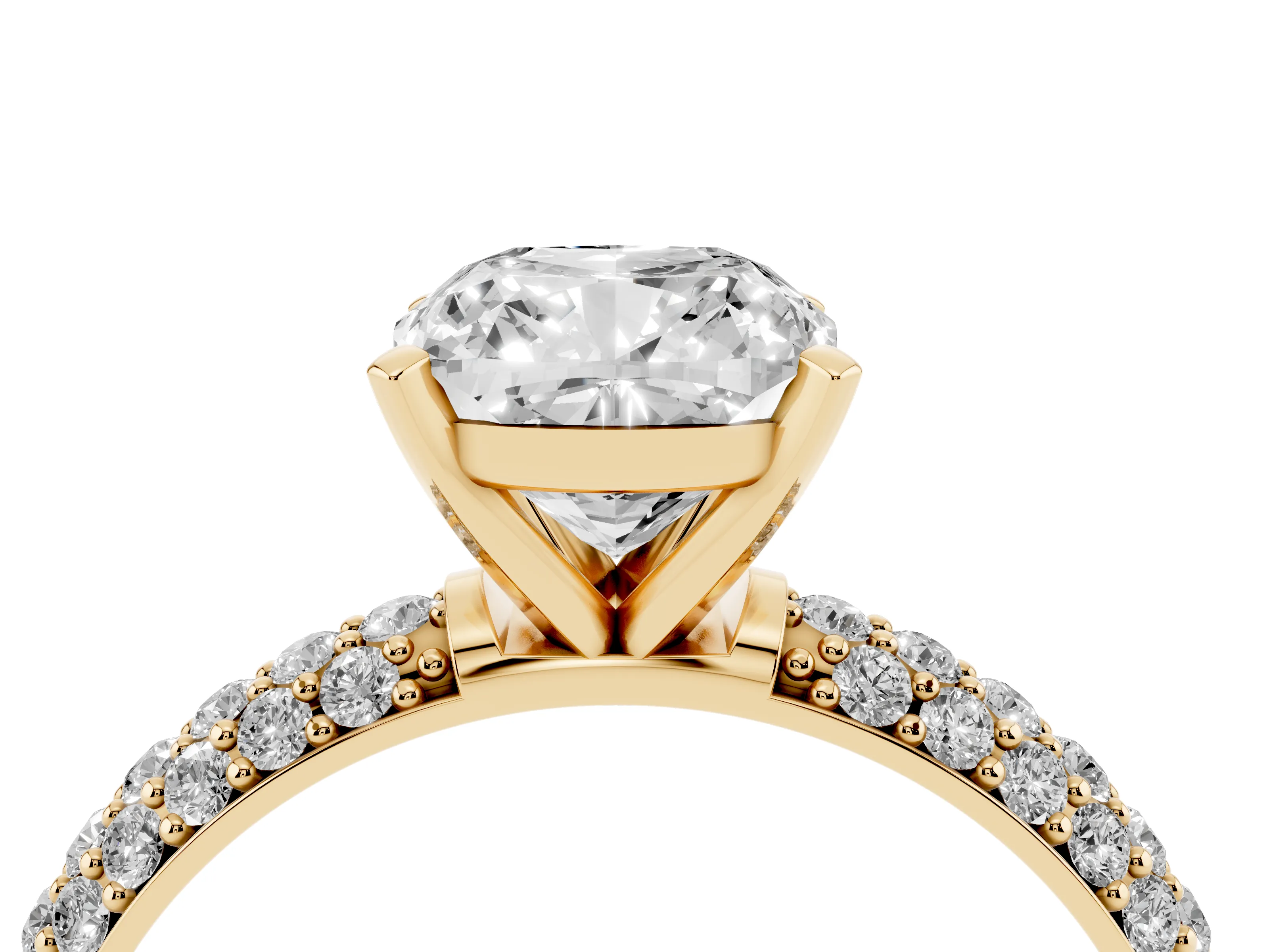 Cushion Cut Diamond Solitaire Ring Set in Yellow gold with Prong Setting and Pavé-Set Band