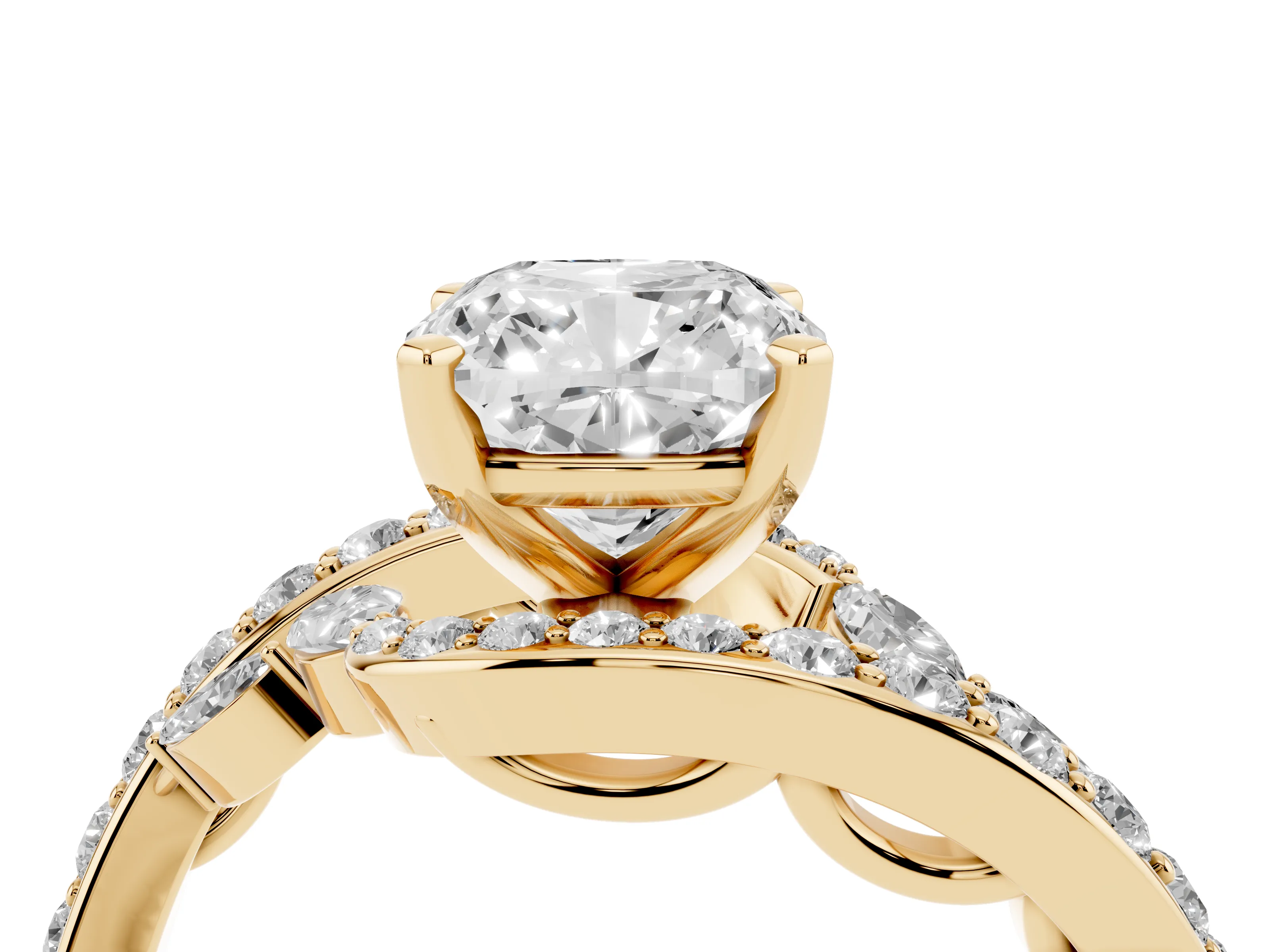 Cushion Cut Diamond Solitaire Ring Set in Yellow gold with Filigree Band and Prong Setting