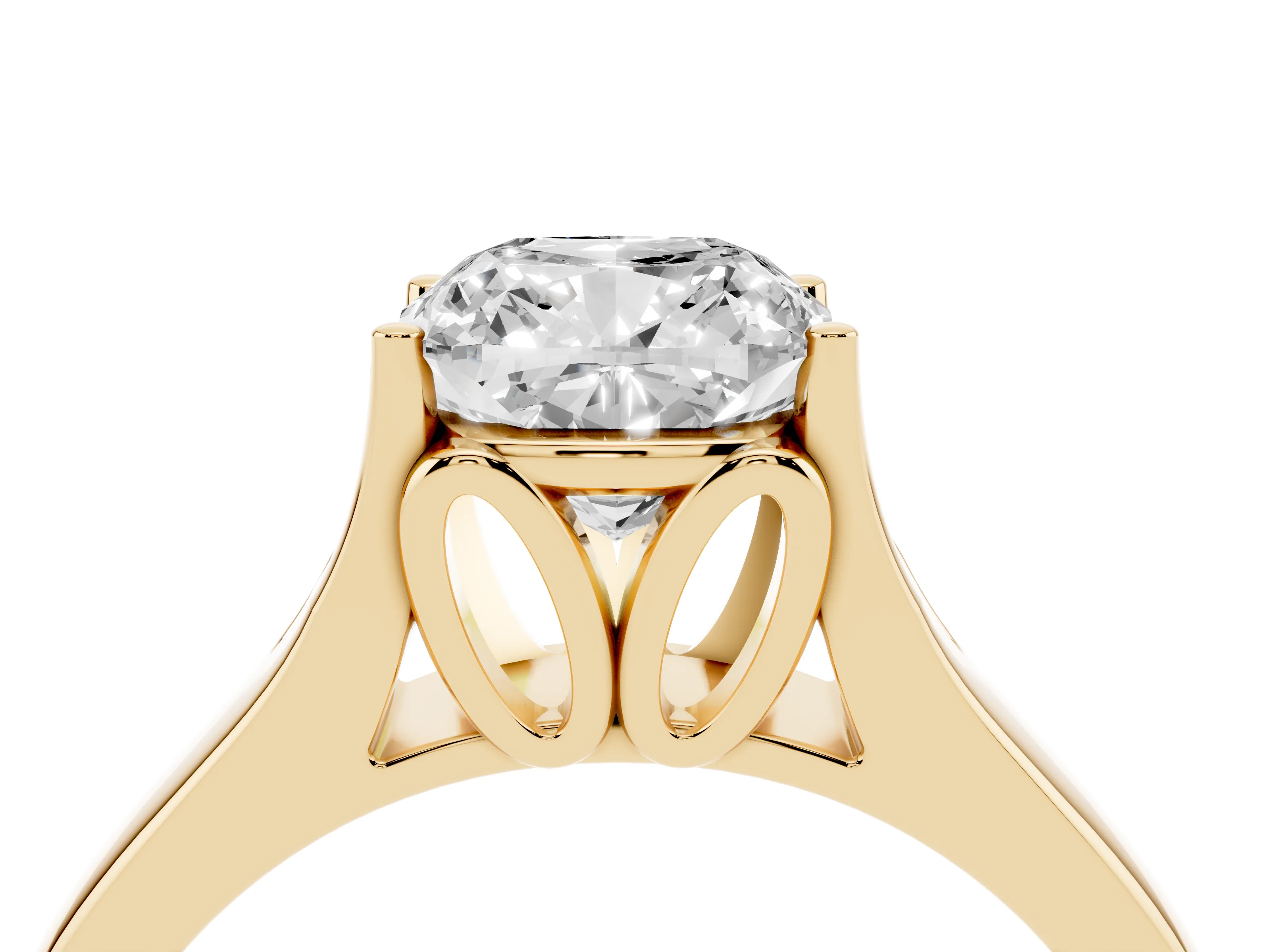 Cushion Cut Diamond Solitaire Ring Set in Yellow gold with Arched Cathedral Band and Prong Setting