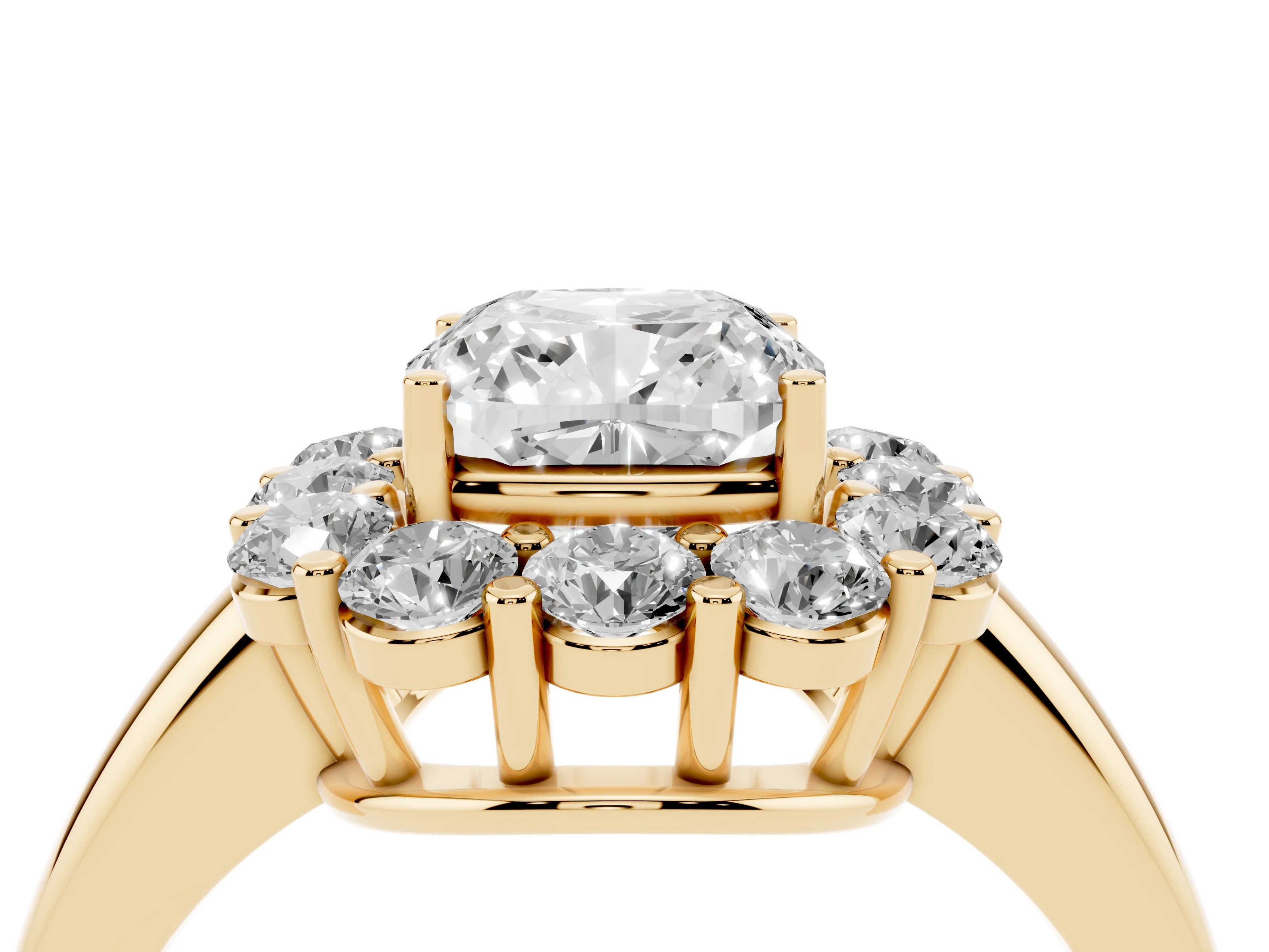 Cushion Cut Diamond Halo Cluster Engagement Ring Set in Yellow gold with Polished Band and Prong Setting