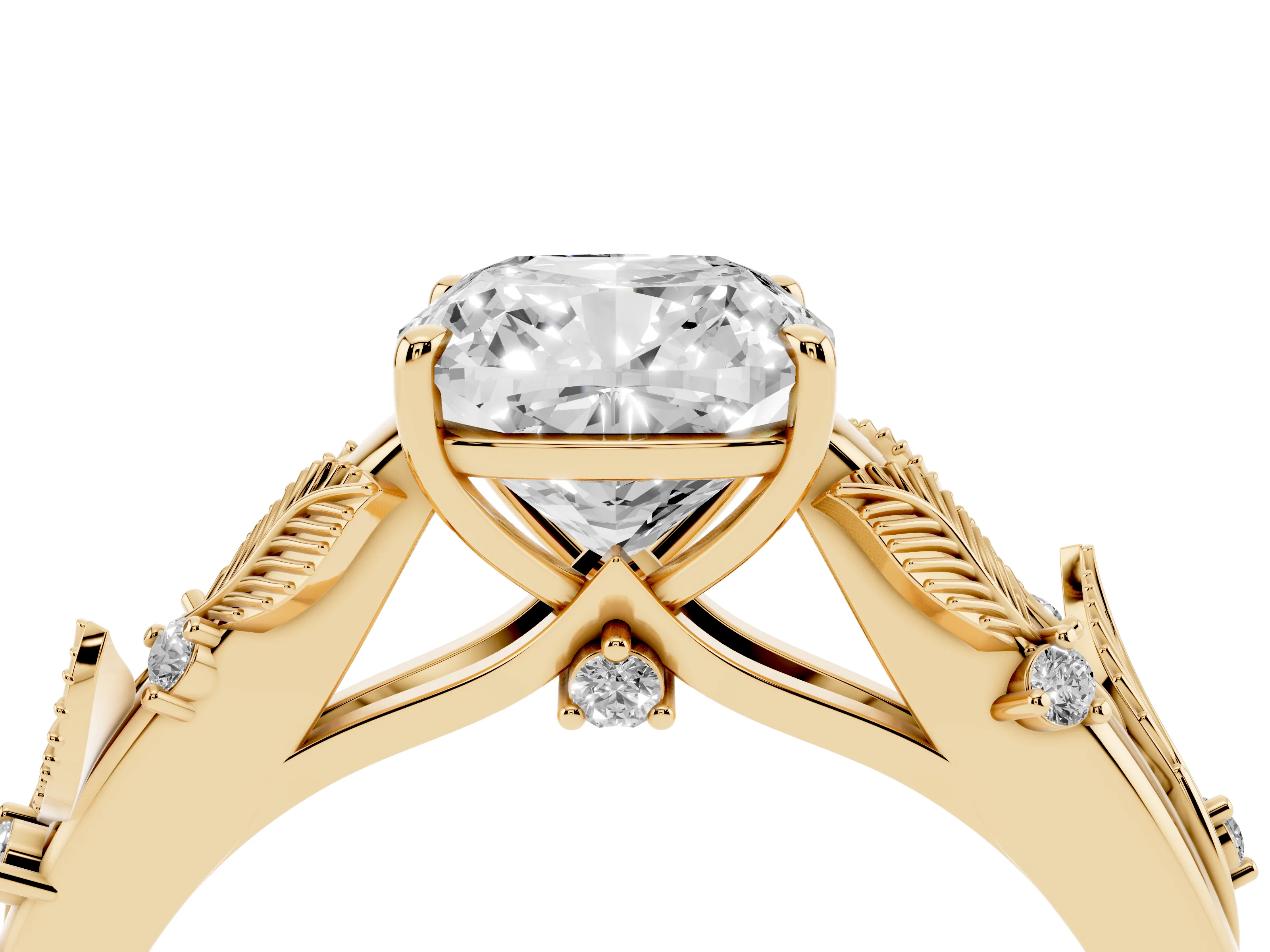 Cushion Cut Diamond Solitaire Ring Set in Yellow gold with Leaf Motif Band