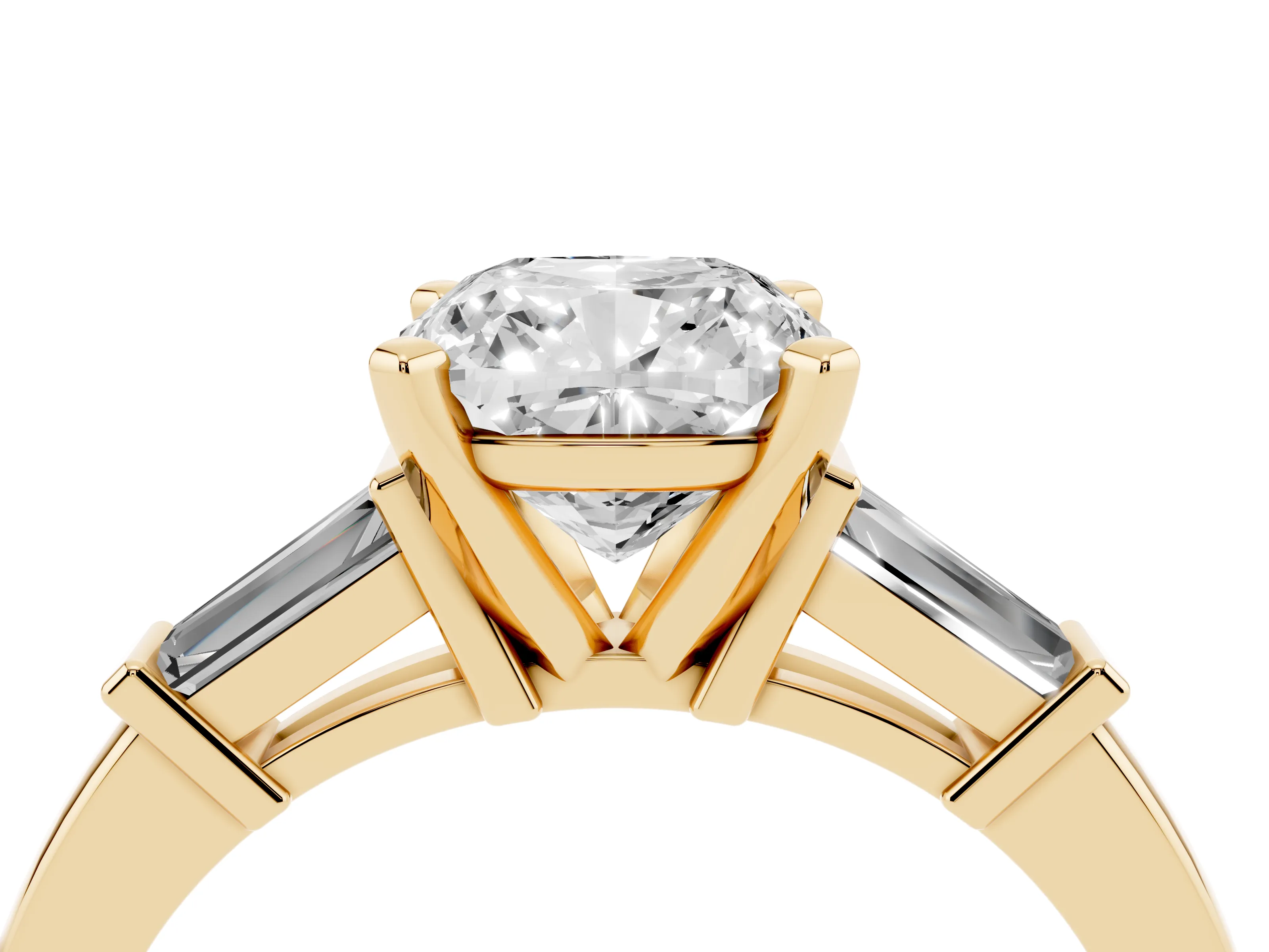 Cushion Cut Diamond Solitaire Ring Set in Yellow gold with Tapered Baguette Accents and Prong Setting