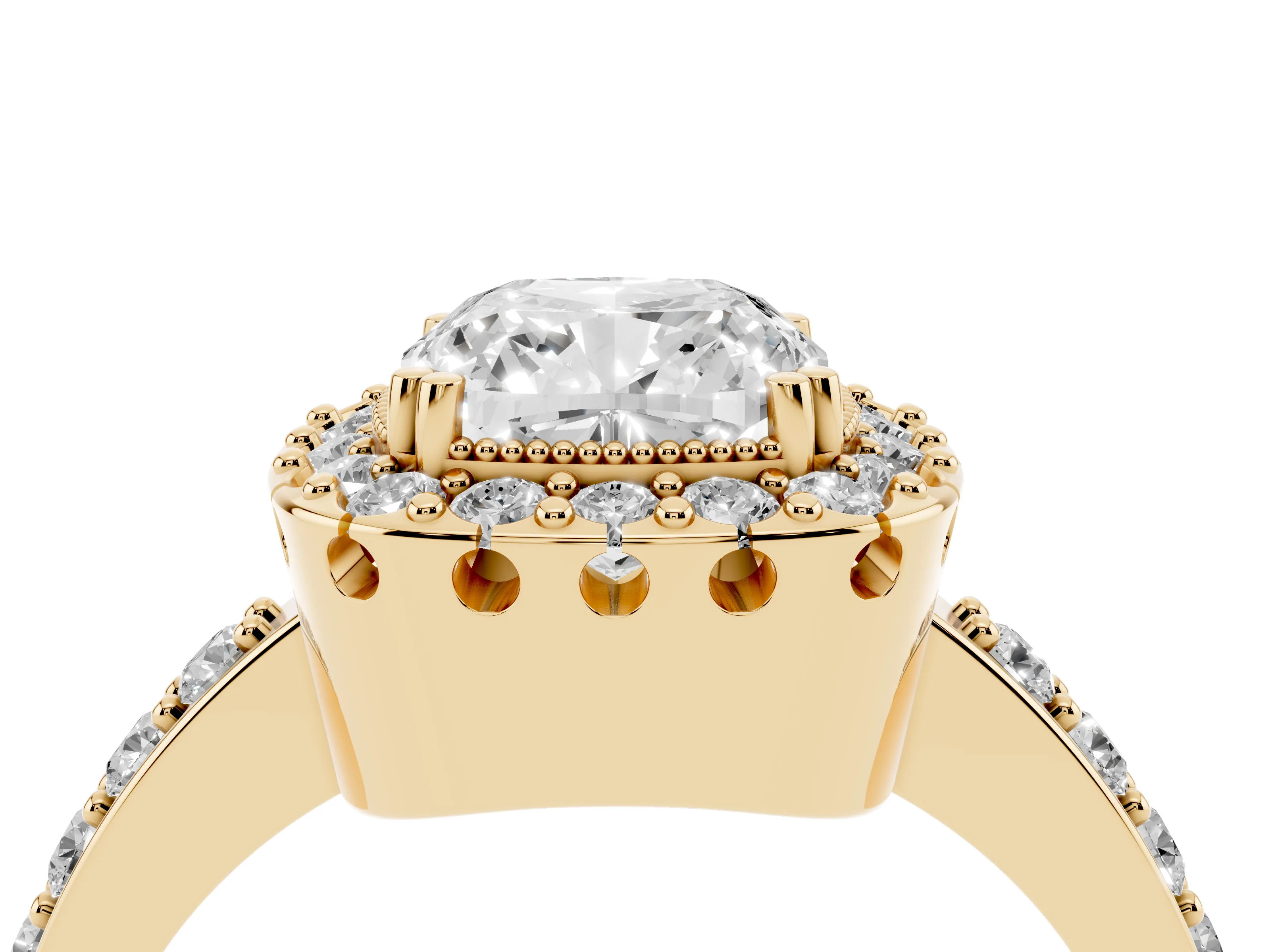 Cushion Cut Diamond Halo Ring Set in Yellow gold with Pavé Shank and Prong Setting