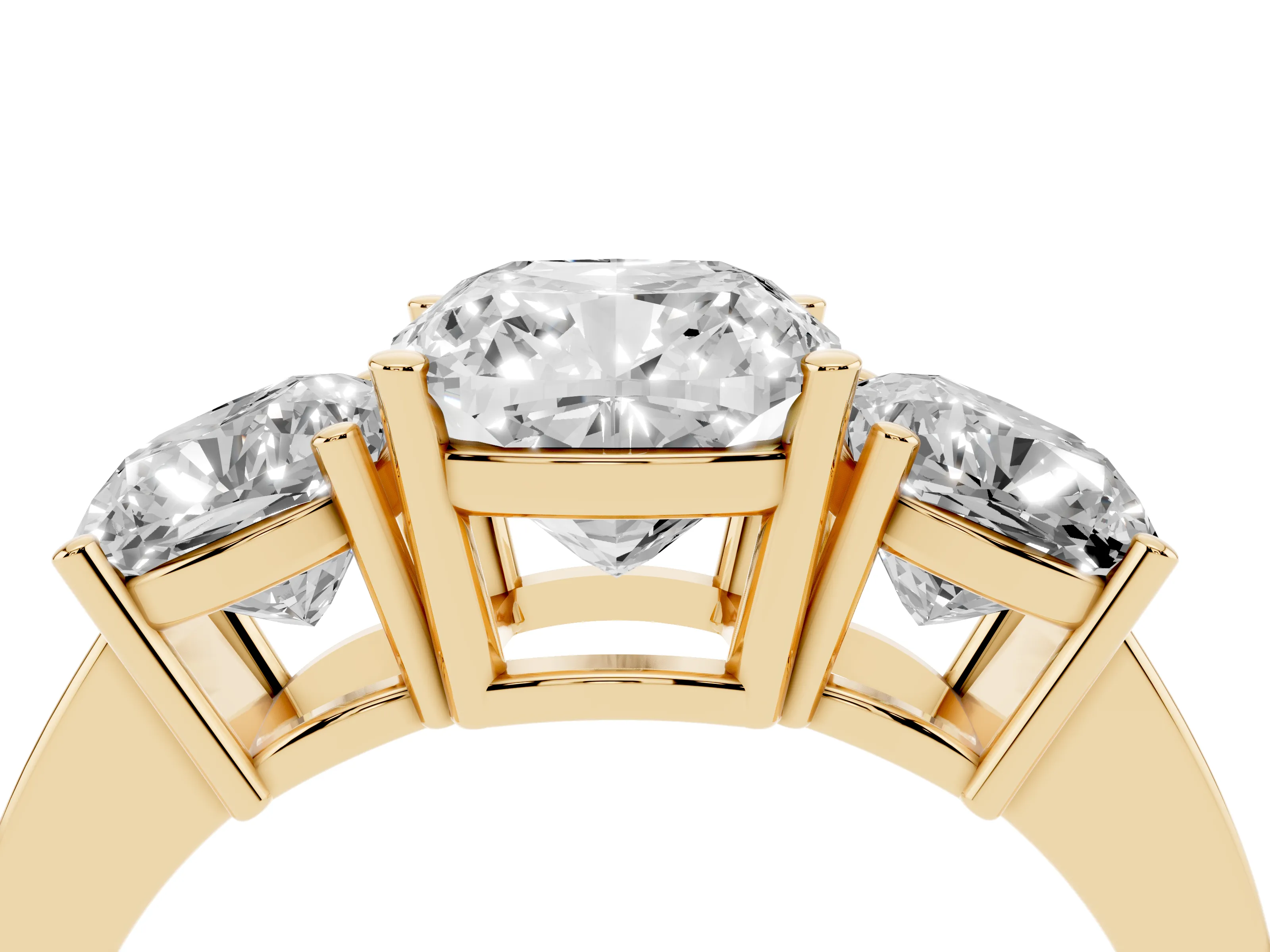 Cushion Cut Diamond Three-Stone Engagement Ring Set in Yellow gold with Flat Band