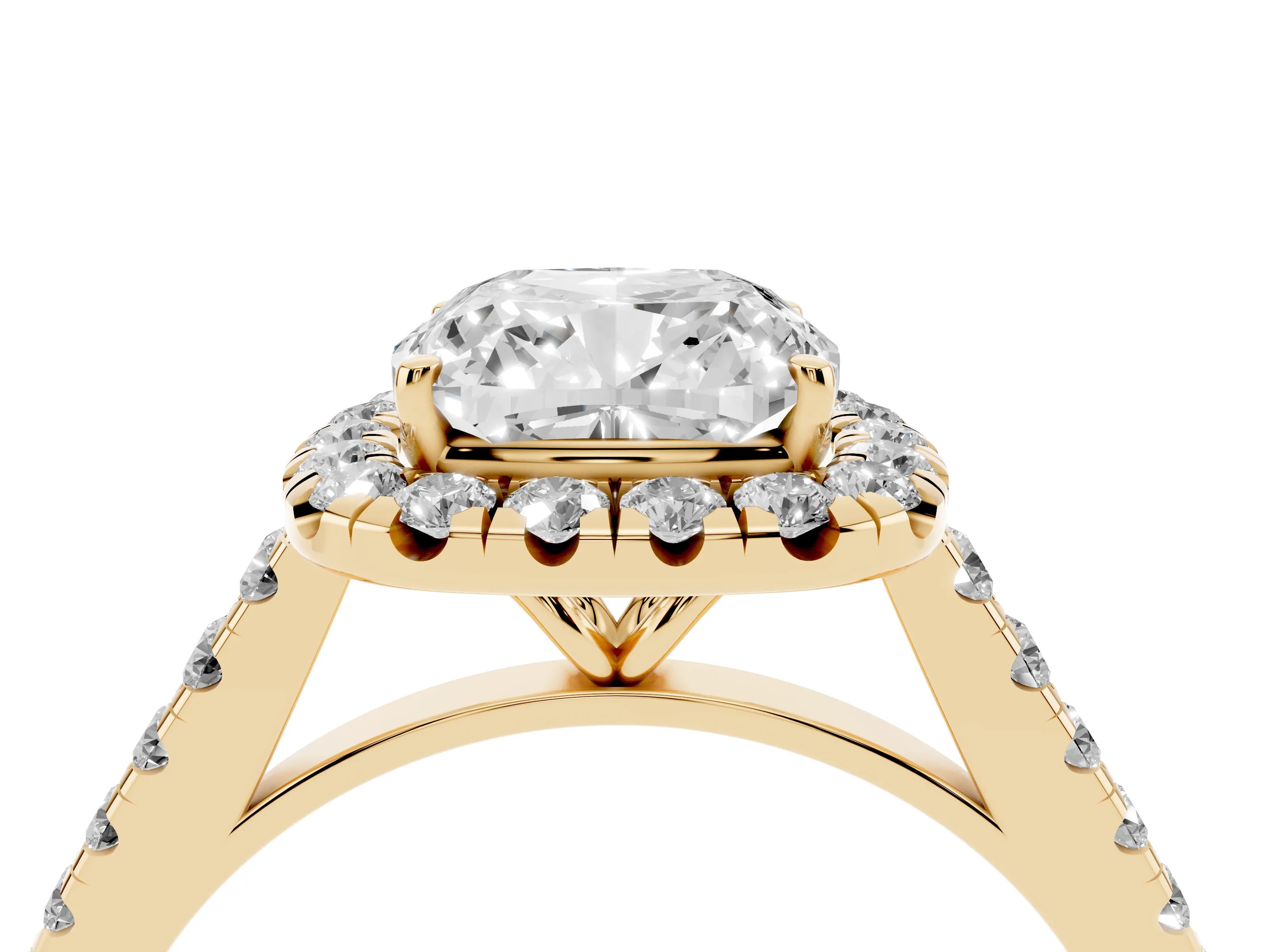 Cushion Cut Diamond Halo Pavé Engagement Ring Set in Yellow gold with Prong Setting