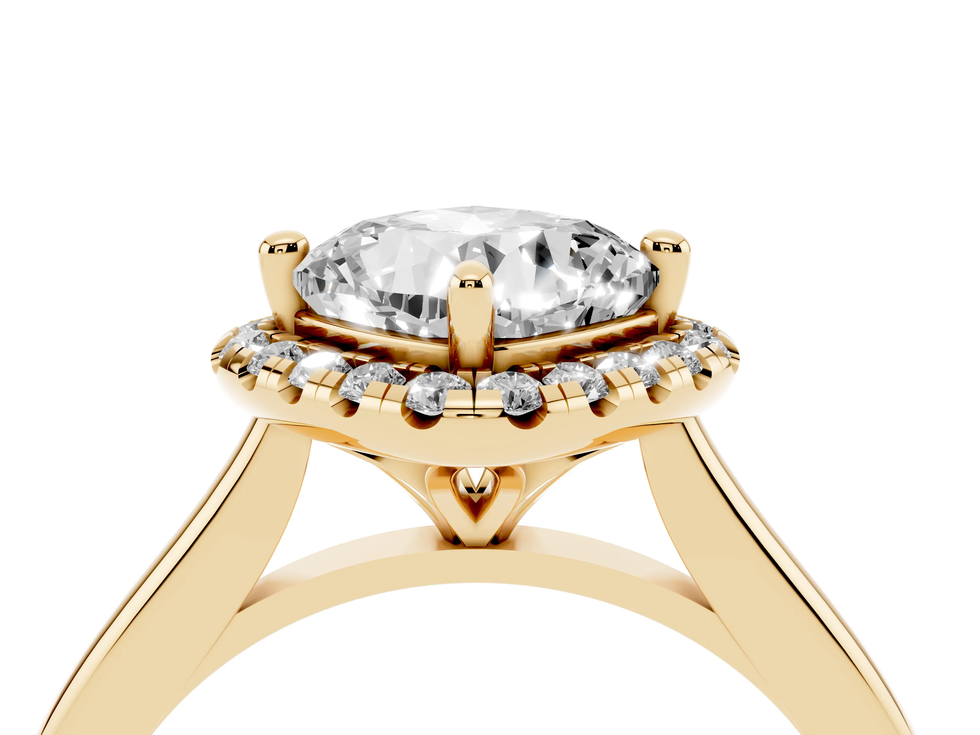 Cushion Cut Diamond Halo Engagement Ring Set in Yellow gold with Pavé Band and Rising Shoulders