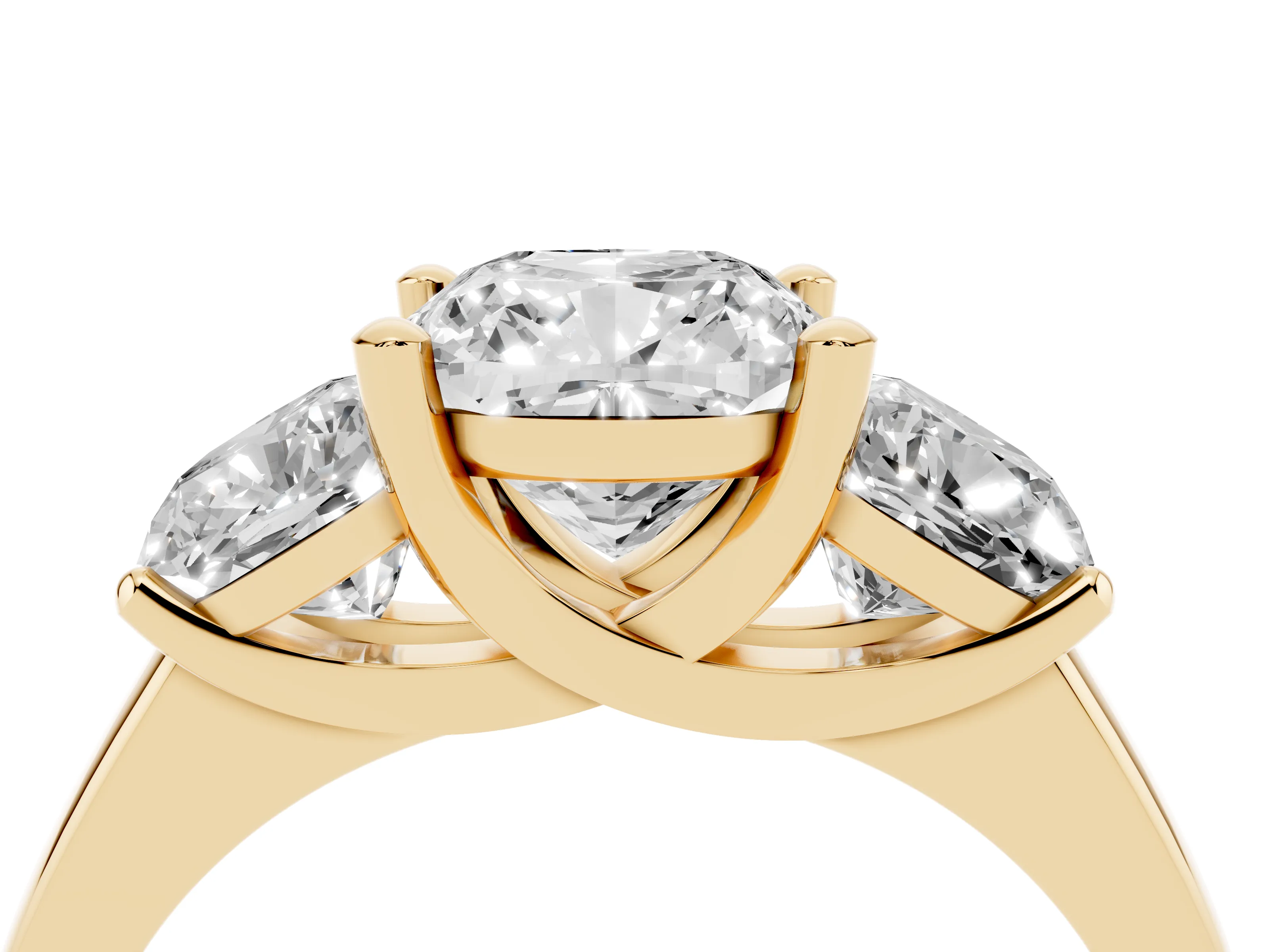 Cushion Cut Diamond Three-Stone Ring Set in Yellow gold with Classic Prong Setting and Plain Band