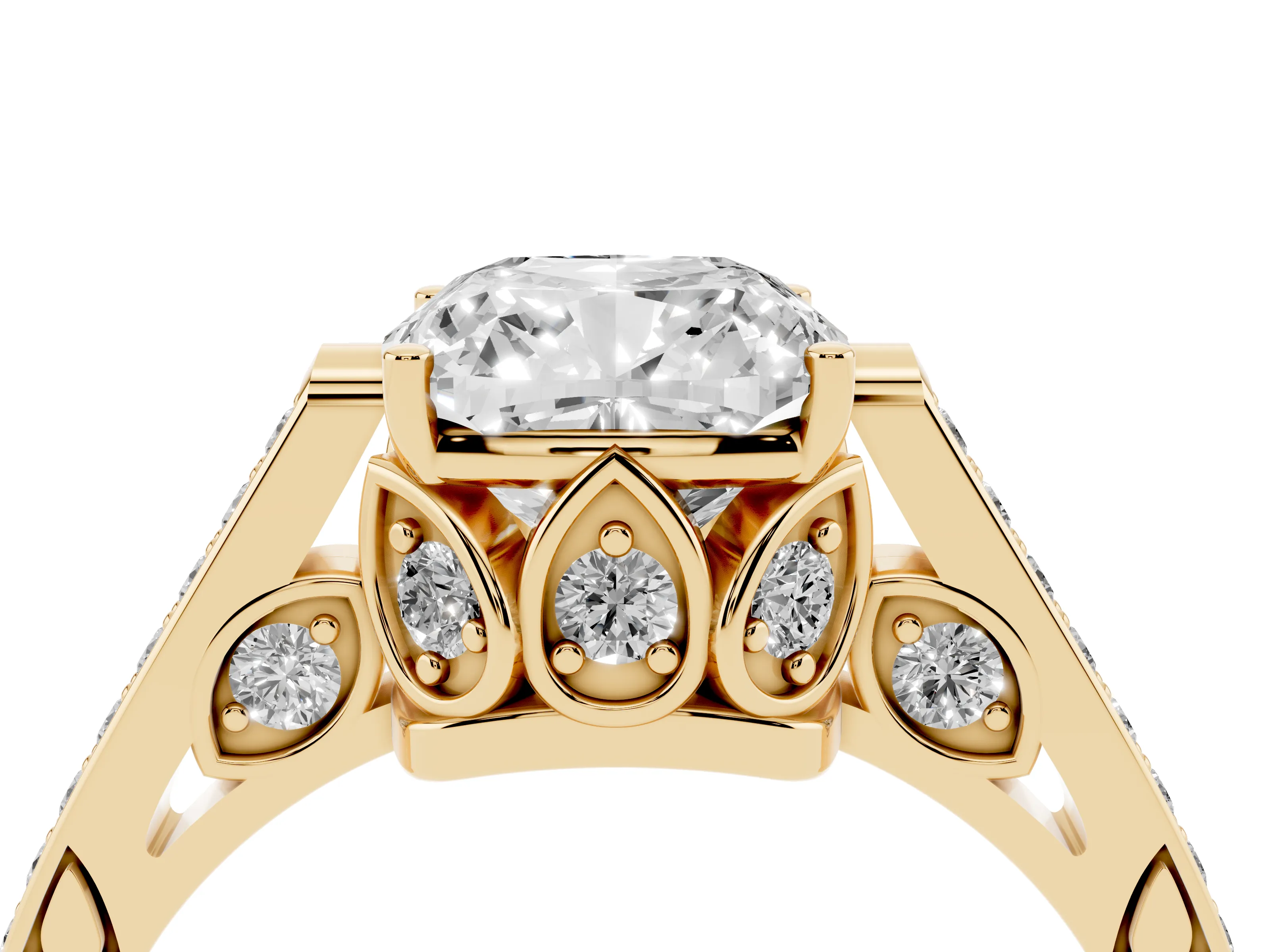 Cushion Cut Diamond Cathedral Pavé Engagement Ring Set in Yellow gold with Prong Setting