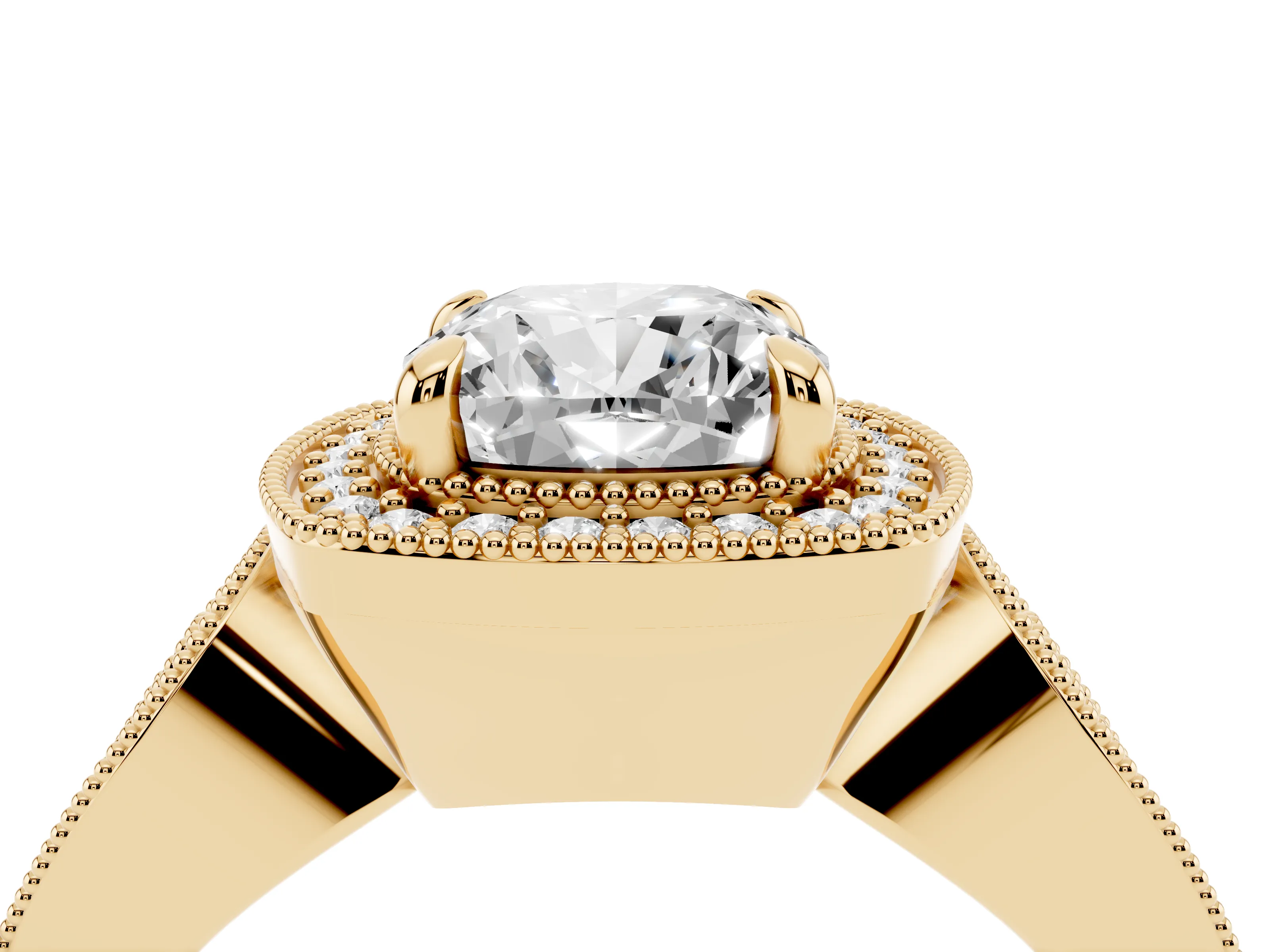 Cushion Cut Diamond Halo Ring Set in Yellow gold with Milgrain Accent Split Shank