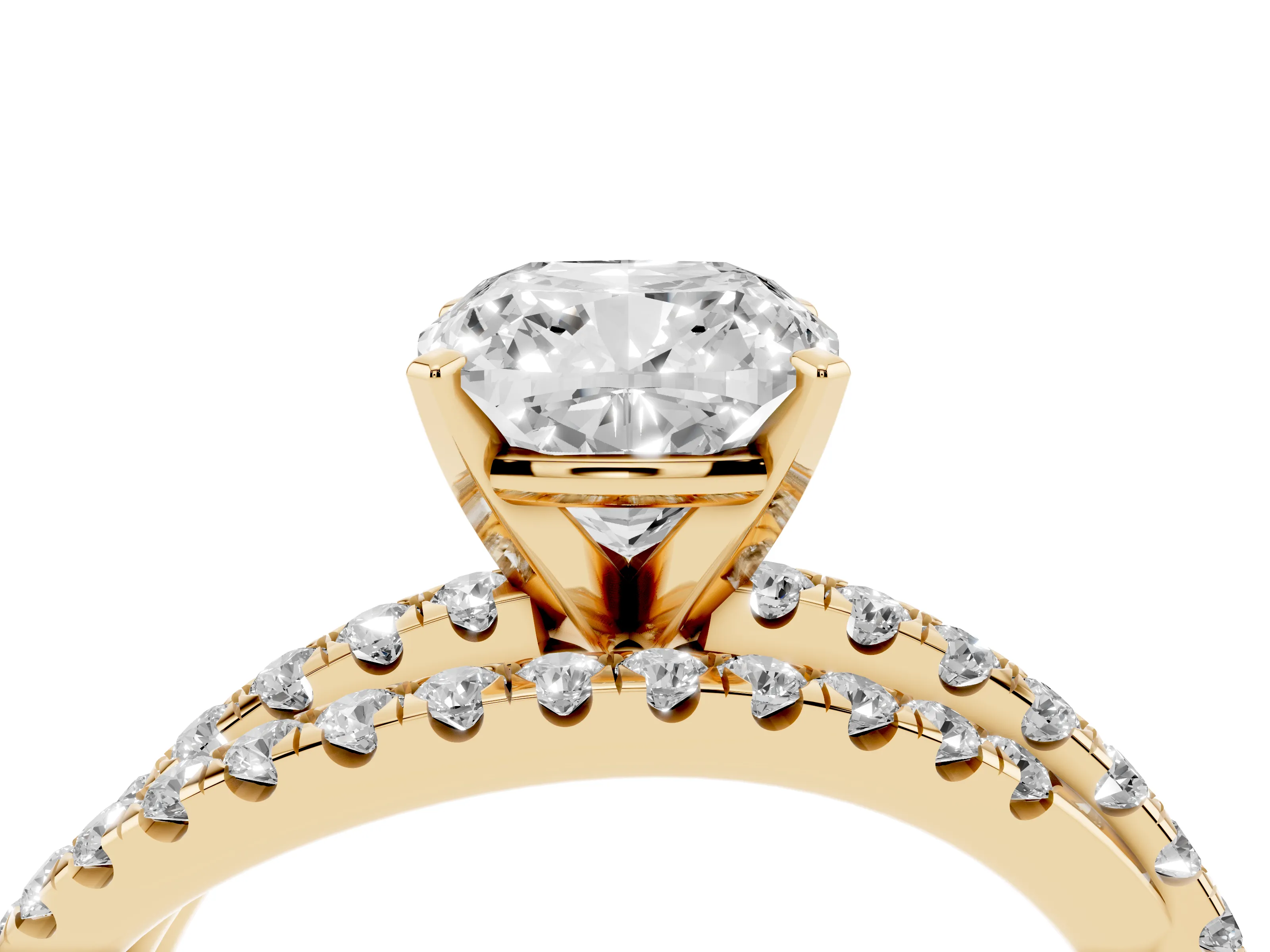 Cushion Cut Diamond Solitaire Twist Band Ring Set in Yellow gold with Pavé Setting and Prong Head