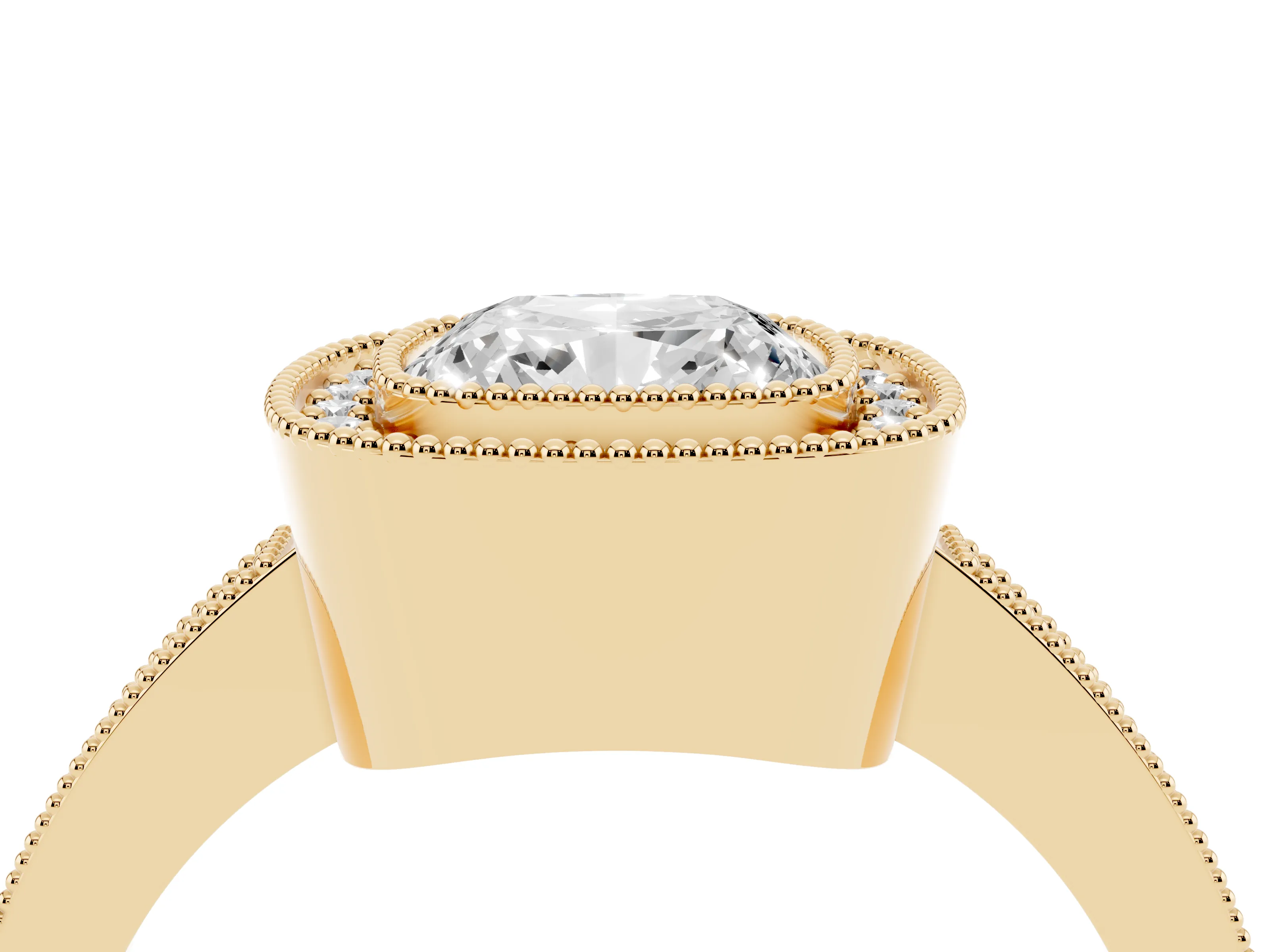 Cushion Cut Diamond Halo Engagement Ring Set in Yellow gold with Pavé Band and Round Halo Stones
