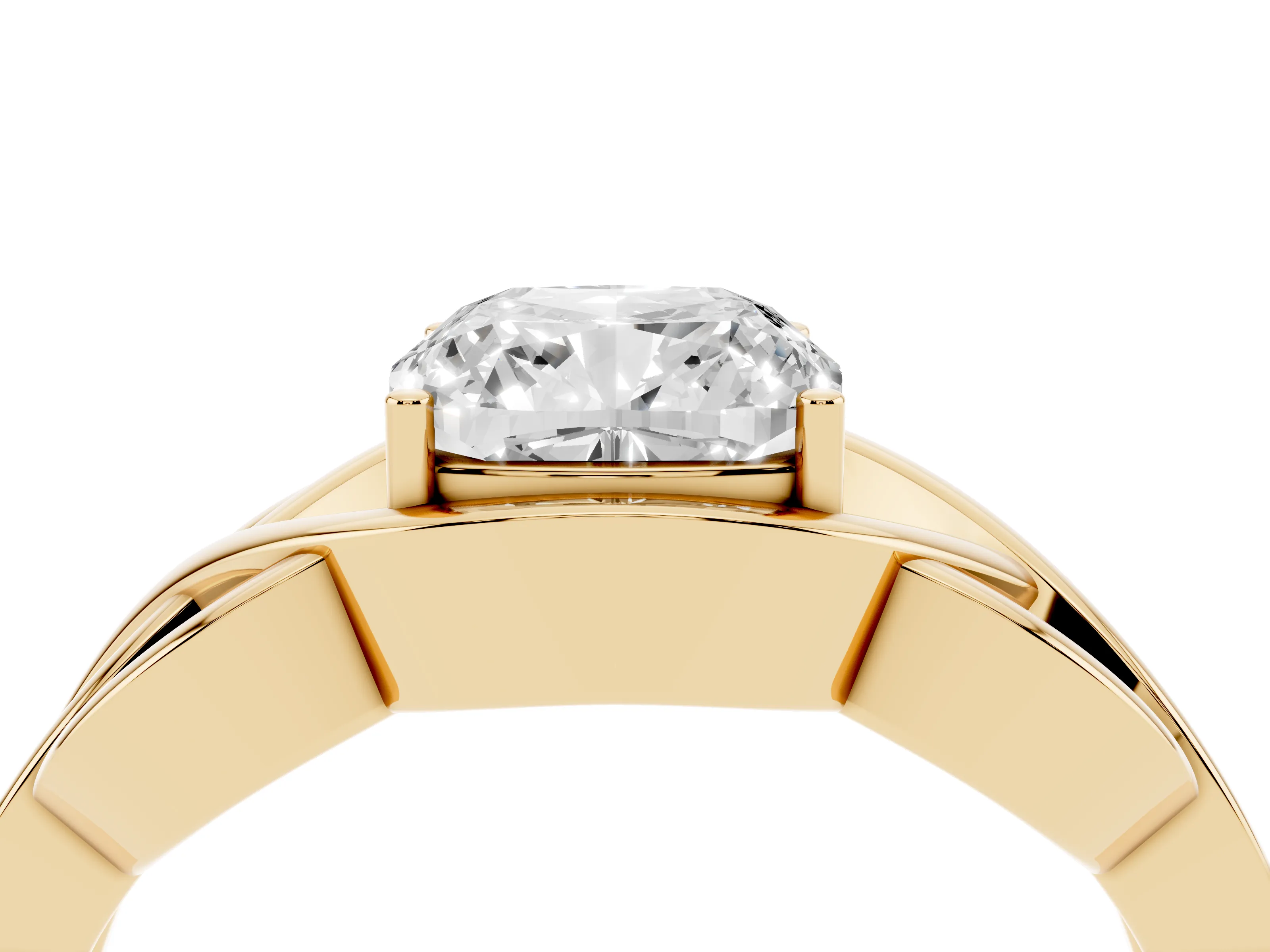Cushion Cut Diamond Solitaire Ring Set in Yellow gold with Intertwined Band