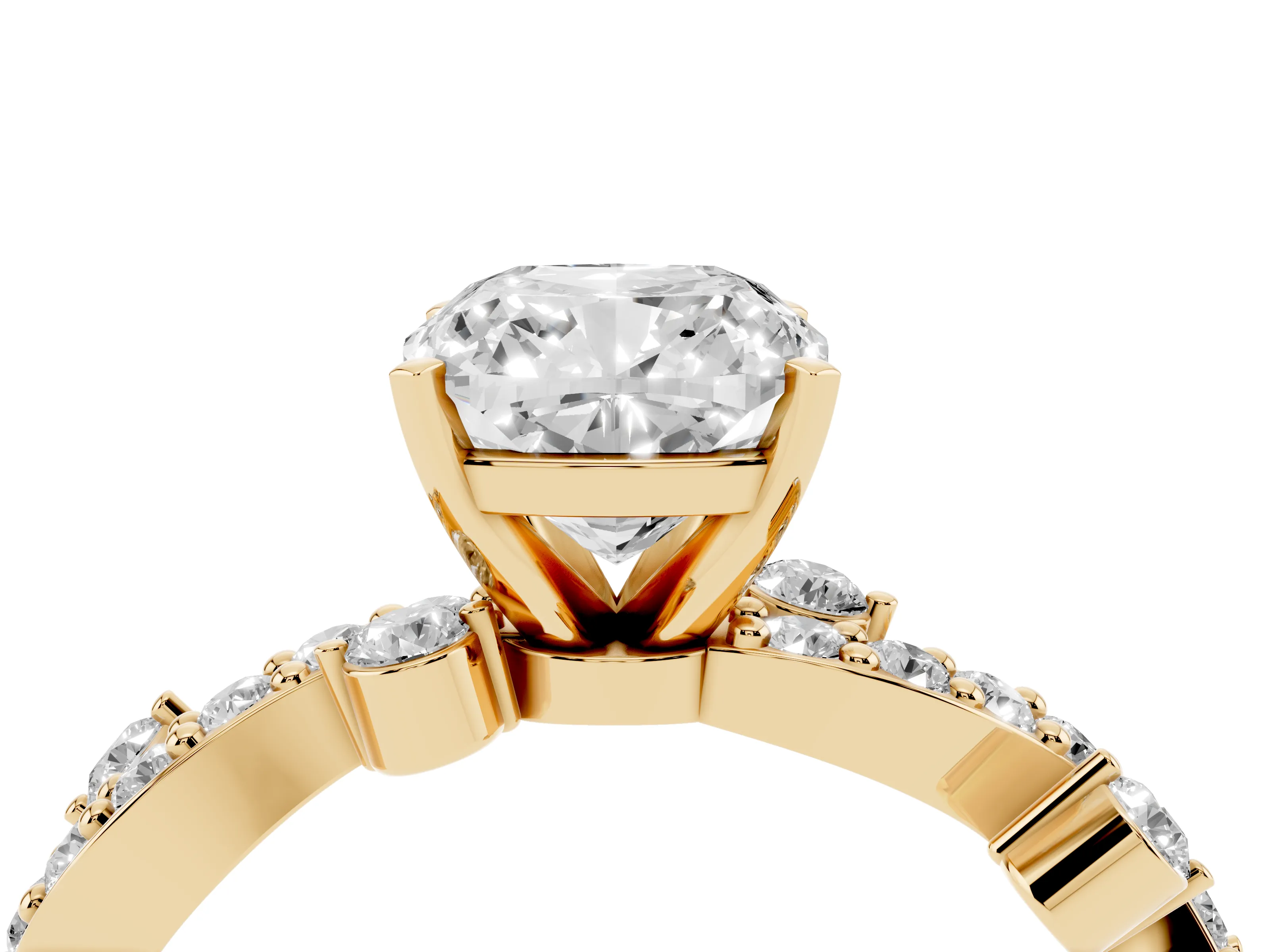Cushion Cut Twisted Pavé Solitaire Engagement Ring Setting | Bar Stations | Yellow Gold